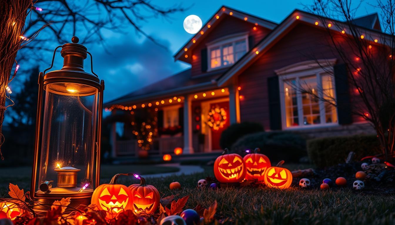 A cozy suburban home adorned with creative Halloween lighting ideas, showcasing beautifully arranged LED lights and spooky decorations. In the foreground, a vintage lantern casts a warm, flickering glow, while strings of orange and purple fairy lights frame the windows. The middle ground features playful jack-o'-lanterns, glowing softly with eerie smiles, nestled among autumn leaves and small, colorful skulls. In the background, the house is silhouetted against a twilight sky, with subtle hints of fog rolling in, creating a mysterious atmosphere. The scene is illuminated by a cool blue moonlight that contrasts the warm lights, enhancing the Halloween spirit. Shot with a wide-angle lens to capture the charm and depth, this image embodies a festive yet spooky ambiance. No text or watermarks. Created by imltlled. A cozy suburban home adorned with creative Halloween lighting ideas, showcasing beautifully arranged LED lights and spooky decorations. In the foreground, a vintage lantern casts a warm, flickering glow, while strings of orange and purple fairy lights frame the windows. The middle ground features playful jack-o'-lanterns, glowing softly with eerie smiles, nestled among autumn leaves and small, colorful skulls. In the background, the house is silhouetted against a twilight sky, with subtle hints of fog rolling in, creating a mysterious atmosphere. The scene is illuminated by a cool blue moonlight that contrasts the warm lights, enhancing the Halloween spirit. Shot with a wide-angle lens to capture the charm and depth, this image embodies a festive yet spooky ambiance. No text or watermarks. Created by imltlled.