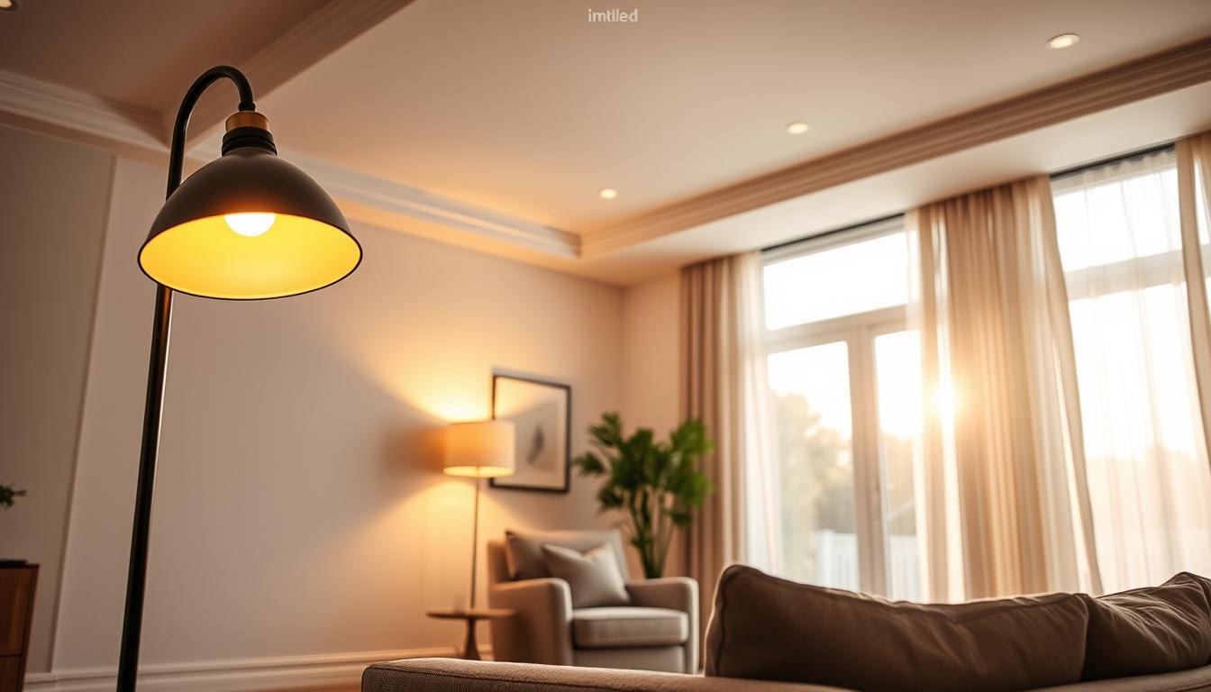 A cozy, well-lit living room showcasing optimal residential lighting levels. In the foreground, a stylish floor lamp emits warm, inviting light that highlights a comfortable reading nook with a plush armchair and a small side table. The middle section features overhead recessed lighting seamlessly integrated into the ceiling, providing soft illumination throughout the entire space. In the background, large windows allow natural daylight to flood in, balanced with soft curtains that diffuse the sun's rays. The atmosphere is calm and serene, perfect for relaxation or focused activities. The scene is captured from a slightly elevated angle using a wide-angle lens to encompass the full room, promoting a feeling of warmth and comfort with a harmonious blend of artificial and natural lighting. The brand name "imltlled" is subtlety infused into the decor elements, enhancing the visual without overpowering it. A cozy, well-lit living room showcasing optimal residential lighting levels. In the foreground, a stylish floor lamp emits warm, inviting light that highlights a comfortable reading nook with a plush armchair and a small side table. The middle section features overhead recessed lighting seamlessly integrated into the ceiling, providing soft illumination throughout the entire space. In the background, large windows allow natural daylight to flood in, balanced with soft curtains that diffuse the sun's rays. The atmosphere is calm and serene, perfect for relaxation or focused activities. The scene is captured from a slightly elevated angle using a wide-angle lens to encompass the full room, promoting a feeling of warmth and comfort with a harmonious blend of artificial and natural lighting. The brand name "imltlled" is subtlety infused into the decor elements, enhancing the visual without overpowering it.