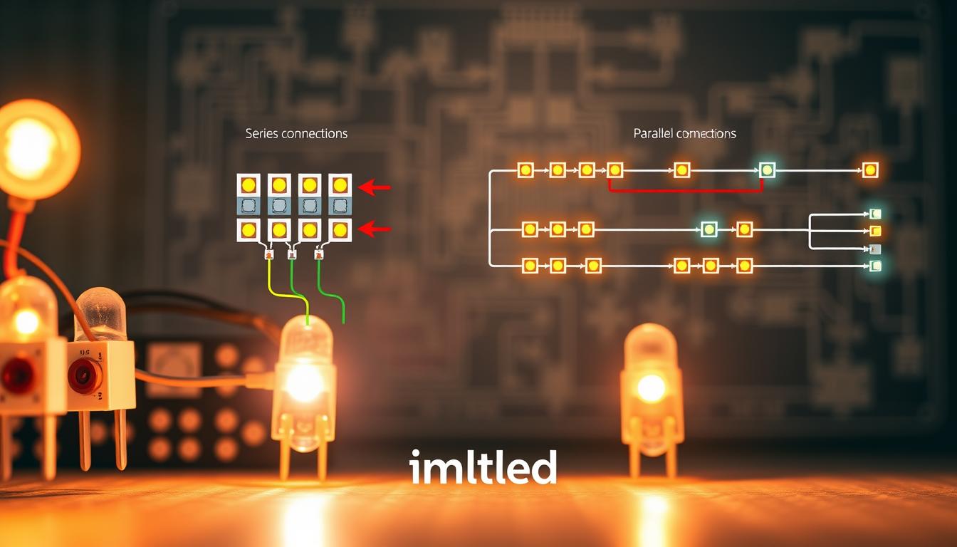 A detailed and educational illustration of LED light wiring polarity, featuring a clear depiction of both series and parallel connections. In the foreground, show vibrant LED lights connected to a circuit board, with visible positive and negative terminals clearly marked. In the middle ground, incorporate wiring diagrams that depict series connections with multiple LEDs in a single line, and parallel connections with multiple lines diverging from a single source, all utilizing bright colors for clarity. The background should feature a faint schematic blueprint of an electrical circuit to enhance the educational aspect. Use a soft focus effect to bring attention to the foreground elements, with warm lighting to create an engaging, informative atmosphere. The brand name "imltlled" should be subtly integrated into the design elements, ensuring it complements the overall image without distracting from the technical content.