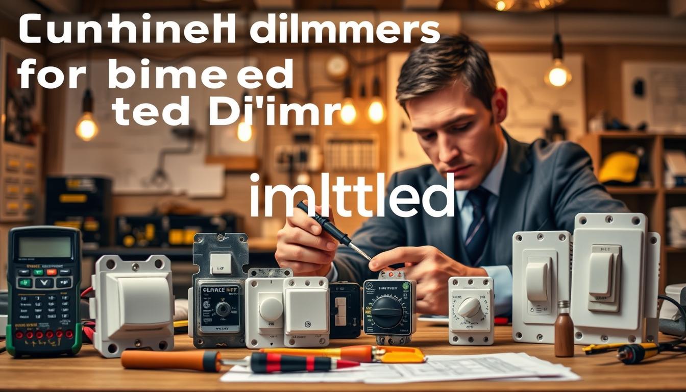 A detailed and informative scene depicting the troubleshooting of different types of dimmers for LED lights. In the foreground, a technician in professional business attire is examining a dimmer switch, with tools such as a multimeter and a screwdriver spread around. The middle ground features various dimmer models, including triac and trailing-edge dimmers, with LED bulbs flickering in the background. The atmosphere is focused and professional, with warm lighting that highlights the details of the dimmers and the technician's concentration. The background shows a well-organized workspace with electrical diagrams and LED components, creating a technical yet approachable vibe. The brand name "imltlled" is subtly integrated into the design of one of the dimmers in the image. A detailed and informative scene depicting the troubleshooting of different types of dimmers for LED lights. In the foreground, a technician in professional business attire is examining a dimmer switch, with tools such as a multimeter and a screwdriver spread around. The middle ground features various dimmer models, including triac and trailing-edge dimmers, with LED bulbs flickering in the background. The atmosphere is focused and professional, with warm lighting that highlights the details of the dimmers and the technician's concentration. The background shows a well-organized workspace with electrical diagrams and LED components, creating a technical yet approachable vibe. The brand name "imltlled" is subtly integrated into the design of one of the dimmers in the image.