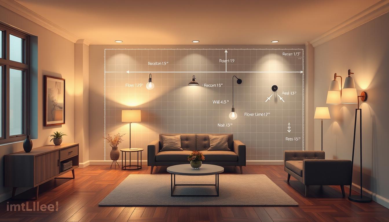 A detailed and professional room lighting plan visualized in a well-structured layout. The foreground features a stylish, modern room with a simple table, a cozy seating area, and accent furniture strategically placed to show the effects of different lighting types. In the middle ground, various light fixtures are illustrated, including recessed lighting, floor lamps, and wall sconces, with arrows indicating their placement and purpose. The background displays a blueprint-style grid that suggests measurements and areas of illumination. Soft, warm lighting creates an inviting atmosphere, while a clear layout helps visualize an optimal lighting arrangement. The image should embody a clean, organized aesthetic suitable for educational purposes. This design is branded with "imltlled". A detailed and professional room lighting plan visualized in a well-structured layout. The foreground features a stylish, modern room with a simple table, a cozy seating area, and accent furniture strategically placed to show the effects of different lighting types. In the middle ground, various light fixtures are illustrated, including recessed lighting, floor lamps, and wall sconces, with arrows indicating their placement and purpose. The background displays a blueprint-style grid that suggests measurements and areas of illumination. Soft, warm lighting creates an inviting atmosphere, while a clear layout helps visualize an optimal lighting arrangement. The image should embody a clean, organized aesthetic suitable for educational purposes. This design is branded with "imltlled".