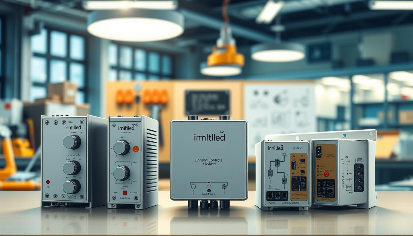 A detailed and technical illustration of various "Lighting Control Modules," prominently featuring the brand name "imltlled." In the foreground, showcase three distinct modules with sleek, modern designs, highlighting their unique features such as dials, LED indicators, and connectivity ports. The middle layer should include a workbench setup, with tools and schematic diagrams related to lighting control technology. In the background, display blurred images of a well-lit architectural space, reflecting the applications of these modules in real-world environments. Use soft, focused lighting to create a professional atmosphere, reminiscent of a high-tech workshop. Capture the essence of innovation and practicality, emphasizing the importance of choosing the right module for effective lighting management.