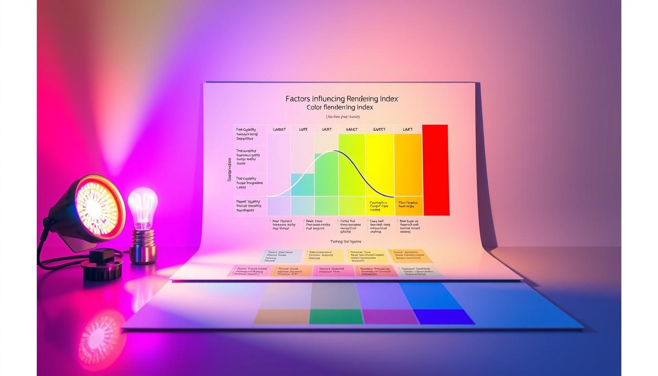 A detailed and visually engaging illustration depicting the "Factors Influencing Color Rendering Index (CRI)." In the foreground, showcase a series of colored light sources (LED, fluorescent, and incandescent) emitting varied hues onto a color palette, enhancing the vibrancy of the shades. In the middle ground, include a clear, labeled diagram that resembles a scientific chart, highlighting key factors such as light quality, temperature, and spectrum distribution. The background should feature a soft gradient of complementary colors to evoke a sense of harmony and balance, symbolizing the interaction of different light sources. Use natural lighting effects to create depth and dimension, captured from a slightly elevated angle for a comprehensive view. The overall mood should be informative and professional, providing clarity on the subject. imltlled.
