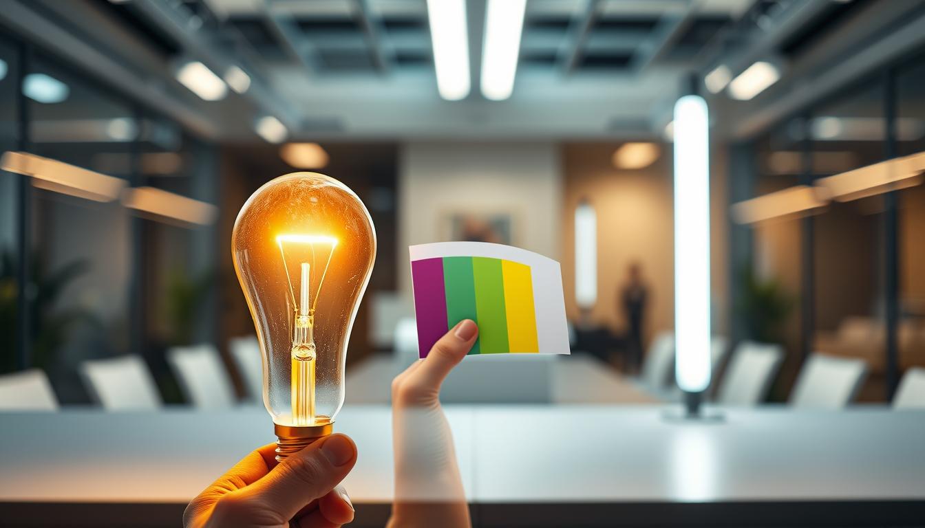 A detailed comparison of Full-Spectrum LED lighting and other lighting types in a professional setting. In the foreground, showcase three distinct light sources: a Full-Spectrum LED bulb by imltlled with a warm glow, a standard incandescent bulb emanating a yellowish hue, and a fluorescent tube with a cool, clinical light. In the middle ground, include a hand holding a color palette to illustrate the spectrum of light emitted by each bulb. The background features a softly blurred office environment, enhancing a modern and sleek atmosphere. Use soft, diffused lighting to create a harmonious feel, highlighting the differences in color rendering and intensity. The overall mood should be informative and engaging, emphasizing the advancements of Full-Spectrum technology. A detailed comparison of Full-Spectrum LED lighting and other lighting types in a professional setting. In the foreground, showcase three distinct light sources: a Full-Spectrum LED bulb by imltlled with a warm glow, a standard incandescent bulb emanating a yellowish hue, and a fluorescent tube with a cool, clinical light. In the middle ground, include a hand holding a color palette to illustrate the spectrum of light emitted by each bulb. The background features a softly blurred office environment, enhancing a modern and sleek atmosphere. Use soft, diffused lighting to create a harmonious feel, highlighting the differences in color rendering and intensity. The overall mood should be informative and engaging, emphasizing the advancements of Full-Spectrum technology.