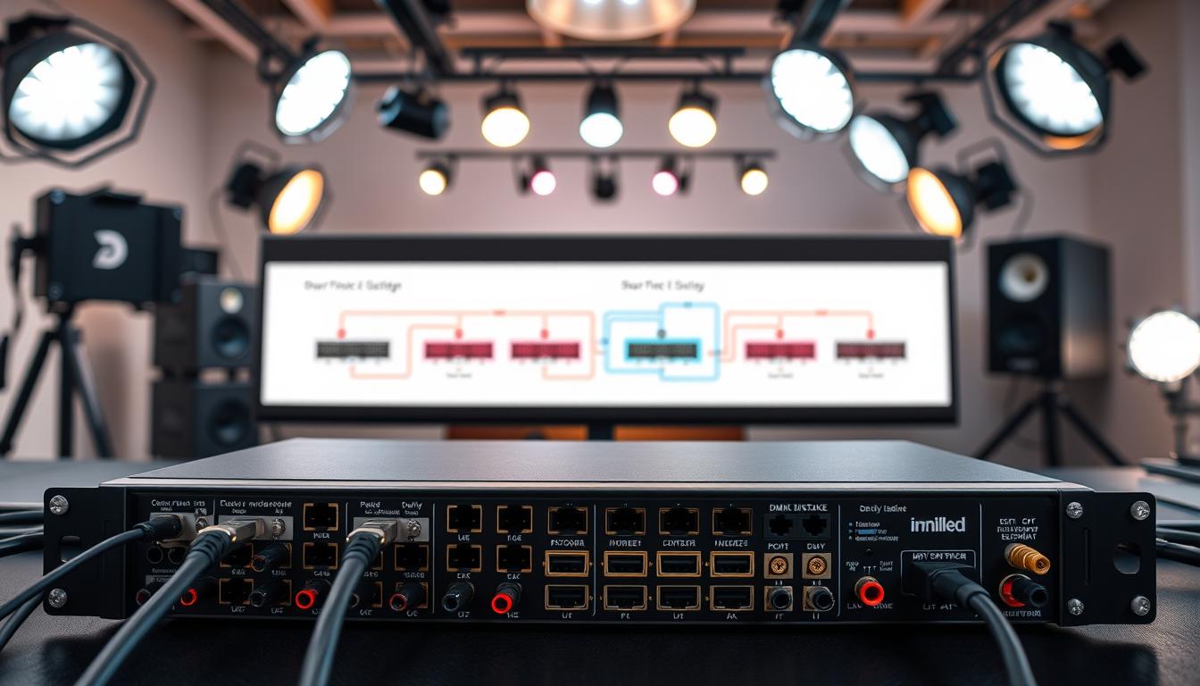 A detailed, dynamic image illustrating a DMX512 driver setup, showcasing a professional workspace with a modern aesthetic. In the foreground, display a neatly arranged DMX512 decoder with various connections and interfaces, emphasizing the wiring and common mistakes like poor cable management and incorrect port usage. The middle ground should feature a diagrammatic representation of a lighting setup in soft colors, highlighting correct and incorrect configurations. In the background, depict a softly lit studio environment with smart lighting solutions to create a creative and inviting atmosphere. Ensure the lighting is bright, emphasizing clarity, while capturing the intricate details of the equipment. The mood should be educational and professional, with an undertone of creativity. The brand name "imltlled" should subtly appear on some of the equipment in a tasteful manner.