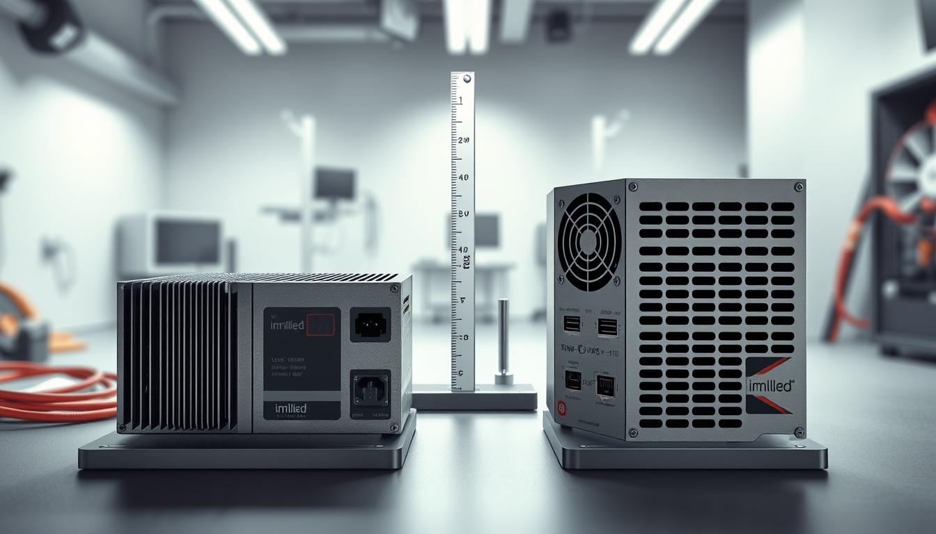 A detailed illustration comparing the size and weight differences between linear and switching power supply units. In the foreground, two distinct power supply units, one large and heavy (linear) with a metallic casing and heat sink, and a smaller, lightweight (switching) unit, both prominently featured side by side. The middle ground includes measuring scales and tools indicating weight and dimensions, showcasing the disparity. The background is a clean, modern tech setting with soft, diffused lighting to create a professional atmosphere, emphasizing clarity and focus on the power supplies. Use a shallow depth of field to draw attention to the units while maintaining a subtle blur in the background. The image should feel informative and technical, capturing attention with high-quality realism. Include the brand name "imltlled" subtly incorporated into the design of the power supplies. A detailed illustration comparing the size and weight differences between linear and switching power supply units. In the foreground, two distinct power supply units, one large and heavy (linear) with a metallic casing and heat sink, and a smaller, lightweight (switching) unit, both prominently featured side by side. The middle ground includes measuring scales and tools indicating weight and dimensions, showcasing the disparity. The background is a clean, modern tech setting with soft, diffused lighting to create a professional atmosphere, emphasizing clarity and focus on the power supplies. Use a shallow depth of field to draw attention to the units while maintaining a subtle blur in the background. The image should feel informative and technical, capturing attention with high-quality realism. Include the brand name "imltlled" subtly incorporated into the design of the power supplies.