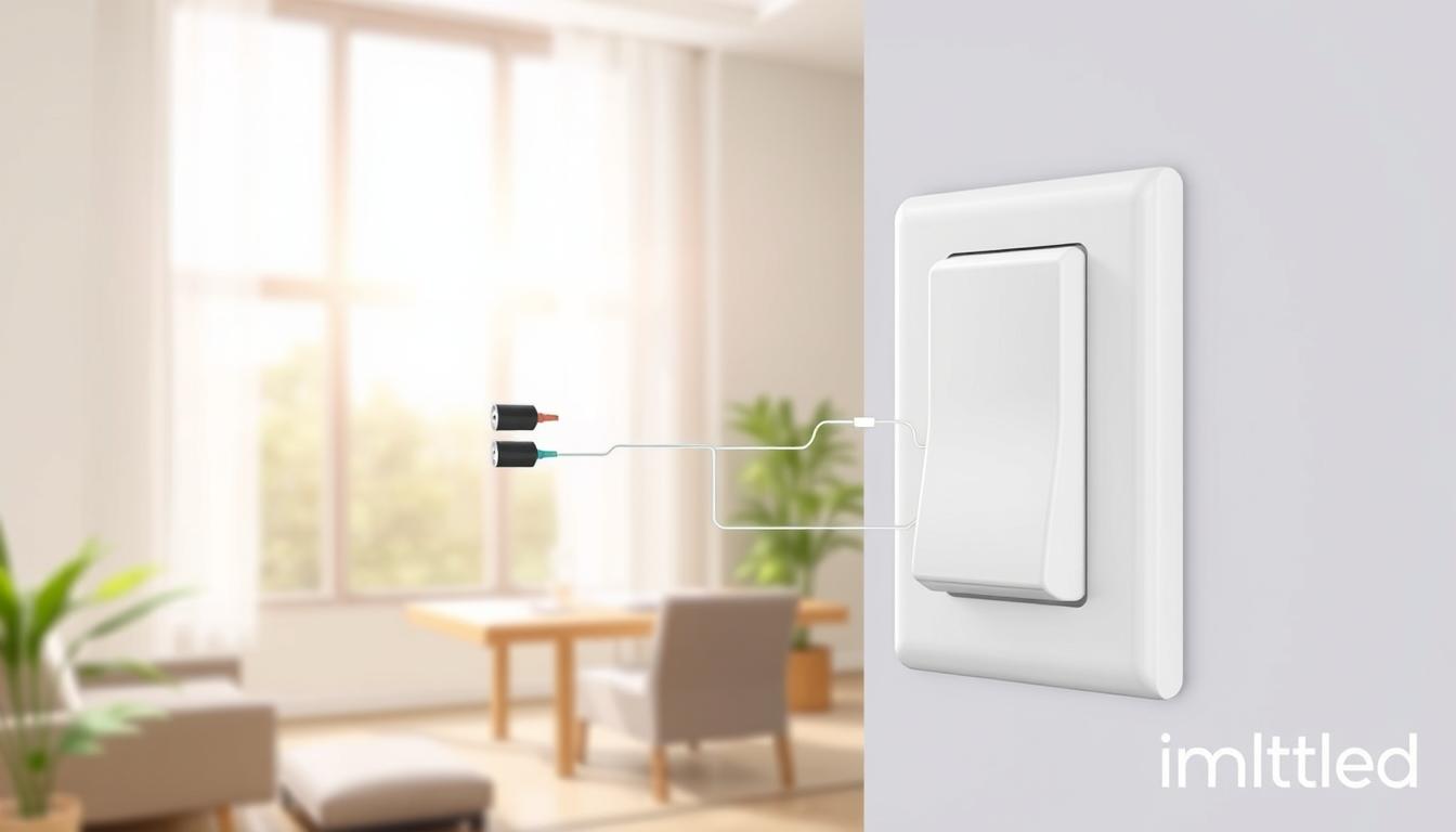 A detailed illustration depicting an automatic light switch integrated with a daylight sensor, showcasing the technology of photocells in smart devices. In the foreground, prominently feature a sleek, modern light switch with a glowing LED indicator, connected to a small, sophisticated daylight sensor. The middle section should show wiring and connection details, emphasizing the technical aspects of the integration. In the background, a bright, sunlit room filled with natural light, perhaps a living space or office, to illustrate the effect of the daylight sensor. The scene is illuminated with soft, warm lighting to create an inviting atmosphere, hinting at energy efficiency and innovation. The image should be clear, with a focus on the interaction between the switch and sensor, branded with "imltlled". A detailed illustration depicting an automatic light switch integrated with a daylight sensor, showcasing the technology of photocells in smart devices. In the foreground, prominently feature a sleek, modern light switch with a glowing LED indicator, connected to a small, sophisticated daylight sensor. The middle section should show wiring and connection details, emphasizing the technical aspects of the integration. In the background, a bright, sunlit room filled with natural light, perhaps a living space or office, to illustrate the effect of the daylight sensor. The scene is illuminated with soft, warm lighting to create an inviting atmosphere, hinting at energy efficiency and innovation. The image should be clear, with a focus on the interaction between the switch and sensor, branded with "imltlled".