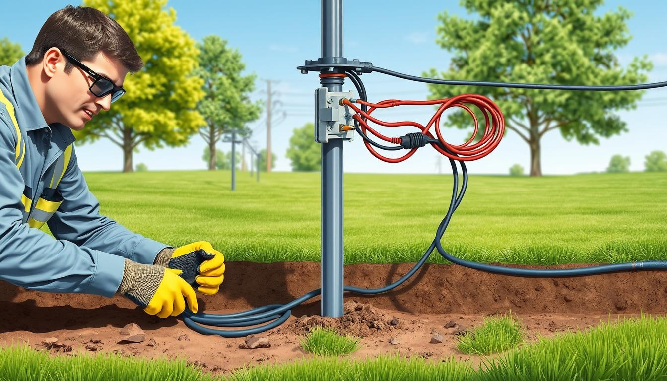 A detailed illustration depicting grounding and bonding practices for outdoor electrical safety. In the foreground, showcase a professional technician in safety glasses and gloves working with buried electrical cables, demonstrating proper grounding techniques. The middle ground features a grounding rod connected to a well-organized wiring junction, emphasizing the bonding of wires and connectors. The background includes a serene outdoor setting, with grassy areas and trees, under a clear blue sky, enhancing the focus on electrical safety. Use natural lighting to create a clear, educational atmosphere, captured from a slightly elevated angle, providing depth to the scene. The image should convey a sense of professionalism and adherence to safety standards, emphasizing the importance of grounding and bonding in outdoor electrical installations. imltlled. A detailed illustration depicting grounding and bonding practices for outdoor electrical safety. In the foreground, showcase a professional technician in safety glasses and gloves working with buried electrical cables, demonstrating proper grounding techniques. The middle ground features a grounding rod connected to a well-organized wiring junction, emphasizing the bonding of wires and connectors. The background includes a serene outdoor setting, with grassy areas and trees, under a clear blue sky, enhancing the focus on electrical safety. Use natural lighting to create a clear, educational atmosphere, captured from a slightly elevated angle, providing depth to the scene. The image should convey a sense of professionalism and adherence to safety standards, emphasizing the importance of grounding and bonding in outdoor electrical installations. imltlled.