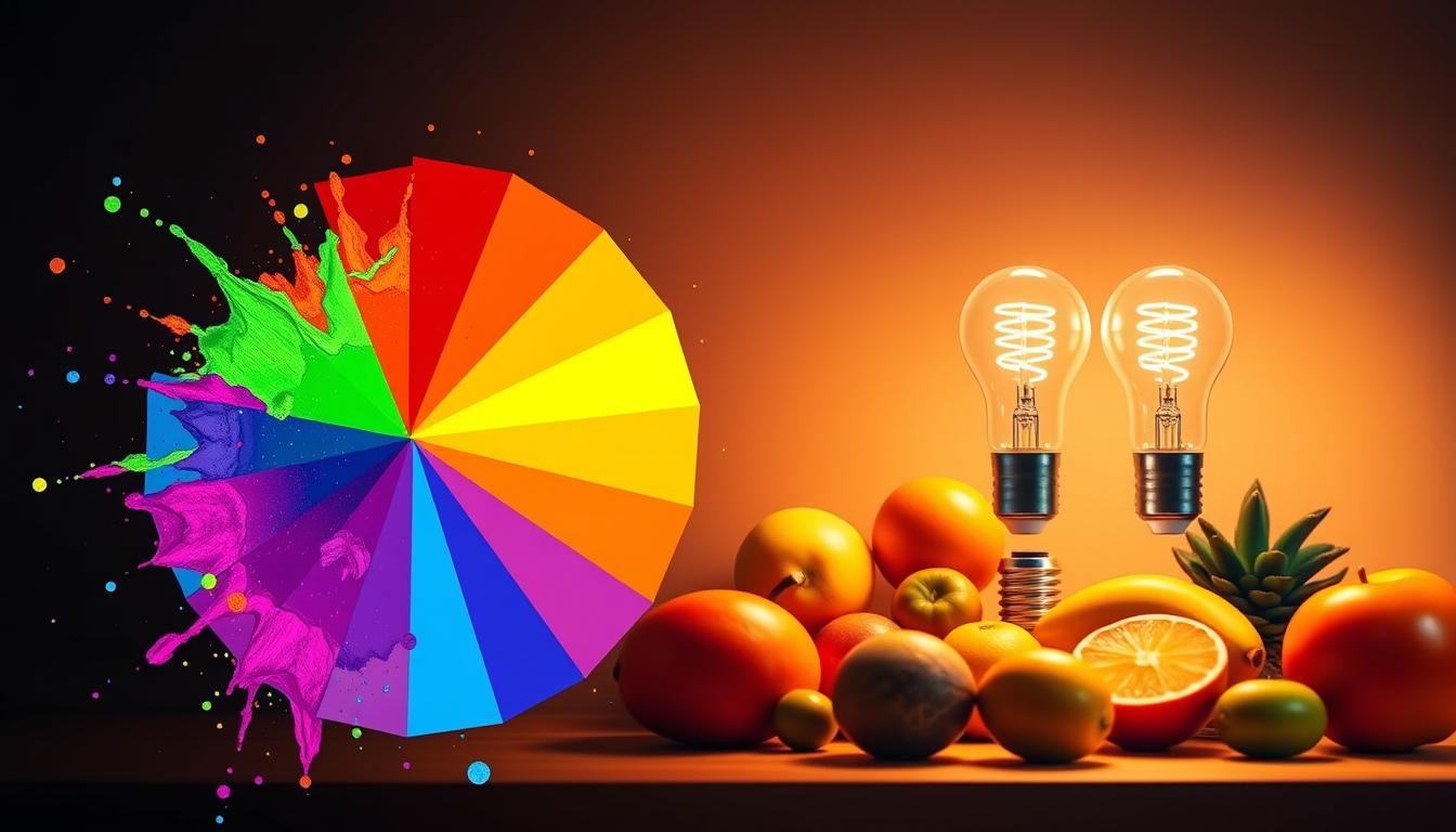 A detailed illustration highlighting the concept of CRI (Color Rendering Index) in a visually engaging manner. In the foreground, a vibrant color wheel splashes with a spectrum of hues, demonstrating the accuracy of color representation under different lighting conditions. The middle ground showcases a side-by-side comparison of two lightbulbs – one with a low CRI and one with a high CRI – each illuminating a colorful arrangement of fruits. The fruits are arranged to emphasize the vividness of colors that high-CRI lighting brings out. In the background, soft diffused lighting creates a warm atmosphere, enhancing the colors and adding depth to the scene. The perspective should be slightly above eye level, utilizing a standard lens to provide a clear view. The overall mood is educational yet inviting, emphasizing clarity and understanding around common misconceptions about CRI. Designed by imltlled.