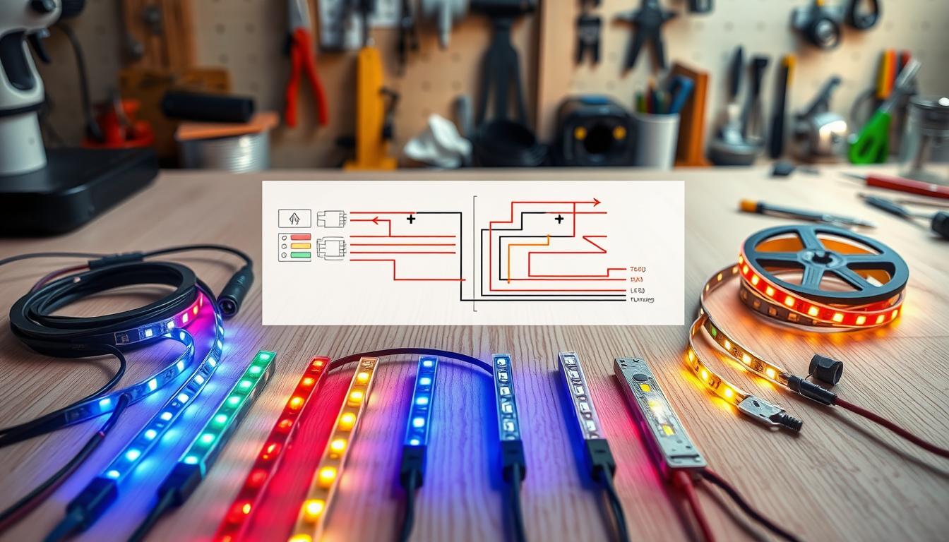 A detailed illustration of a "LED Strip Light Wiring Guide" for the section titled "Wiring Requirements for LED Strip Lights". Foreground features various colors of LED strip lights, laid out with clear visibility of their connections. Include close-up images of wires and connectors, focusing on the proper way to connect multiple strips. The middle layer showcases a detailed wiring diagram with arrows indicating flow direction, surrounded by a light wood surface that enhances the techy atmosphere. Background comprises a softly lit workshop setting, with tools neatly arranged, and a hint of ambient lighting to create a cozy yet professional mood. The image should reflect the brand "imltlled" subtly through the design elements, without any text or distractions.