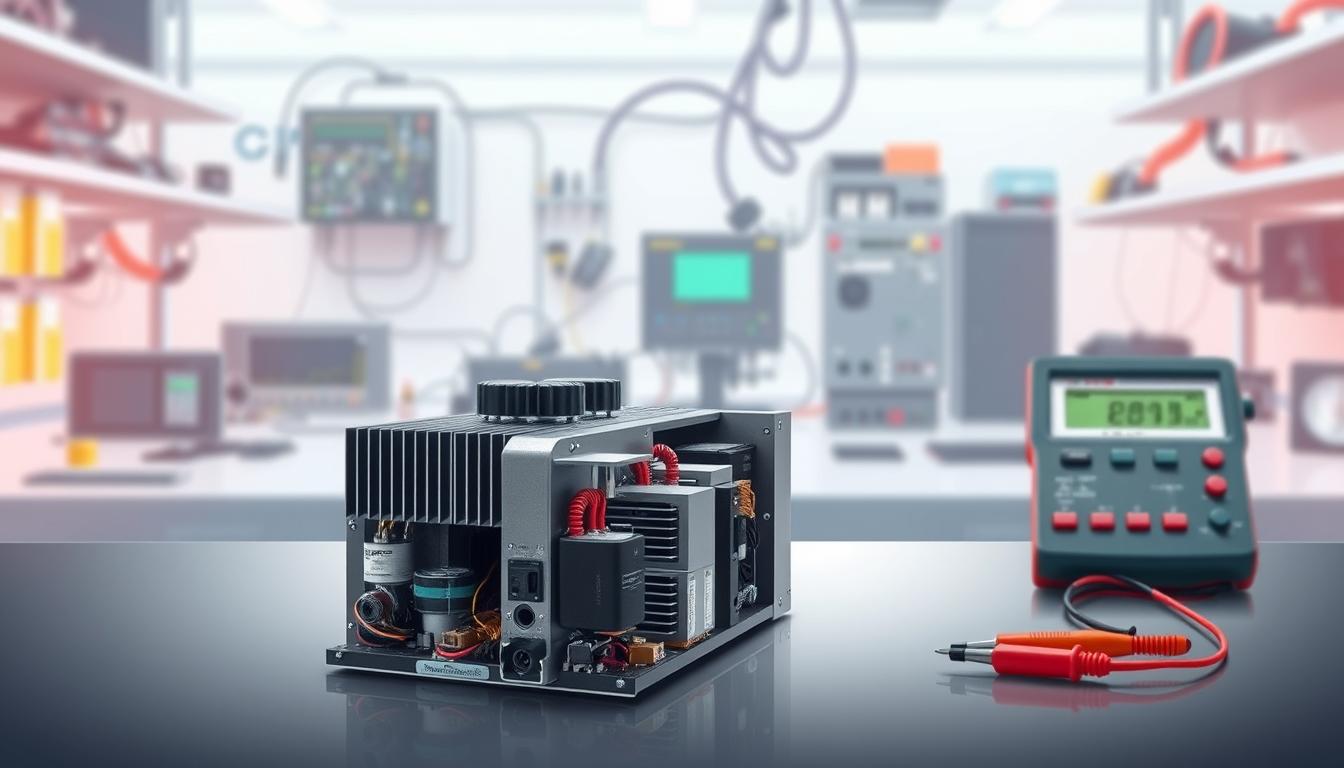 A detailed illustration of a linear power supply unit, showcasing its components in a sleek, modern design. In the foreground, display the power supply with clearly visible heat sinks, capacitors, and transformers, highlighted with soft, diffused lighting to emphasize the texture and color of the materials. In the middle ground, position a clean workbench equipped with essential tools and a multimeter, adding context to its practical applications. The background should feature a softly blurred tech lab with various electronic devices, creating an atmosphere of innovation and precision. Use a slightly elevated angle for a dynamic view, capturing the essence of reliability and efficiency typical of imltlled products. The overall mood should be professional and engaging, inviting readers to appreciate the intricacies of linear power supplies. A detailed illustration of a linear power supply unit, showcasing its components in a sleek, modern design. In the foreground, display the power supply with clearly visible heat sinks, capacitors, and transformers, highlighted with soft, diffused lighting to emphasize the texture and color of the materials. In the middle ground, position a clean workbench equipped with essential tools and a multimeter, adding context to its practical applications. The background should feature a softly blurred tech lab with various electronic devices, creating an atmosphere of innovation and precision. Use a slightly elevated angle for a dynamic view, capturing the essence of reliability and efficiency typical of imltlled products. The overall mood should be professional and engaging, inviting readers to appreciate the intricacies of linear power supplies.