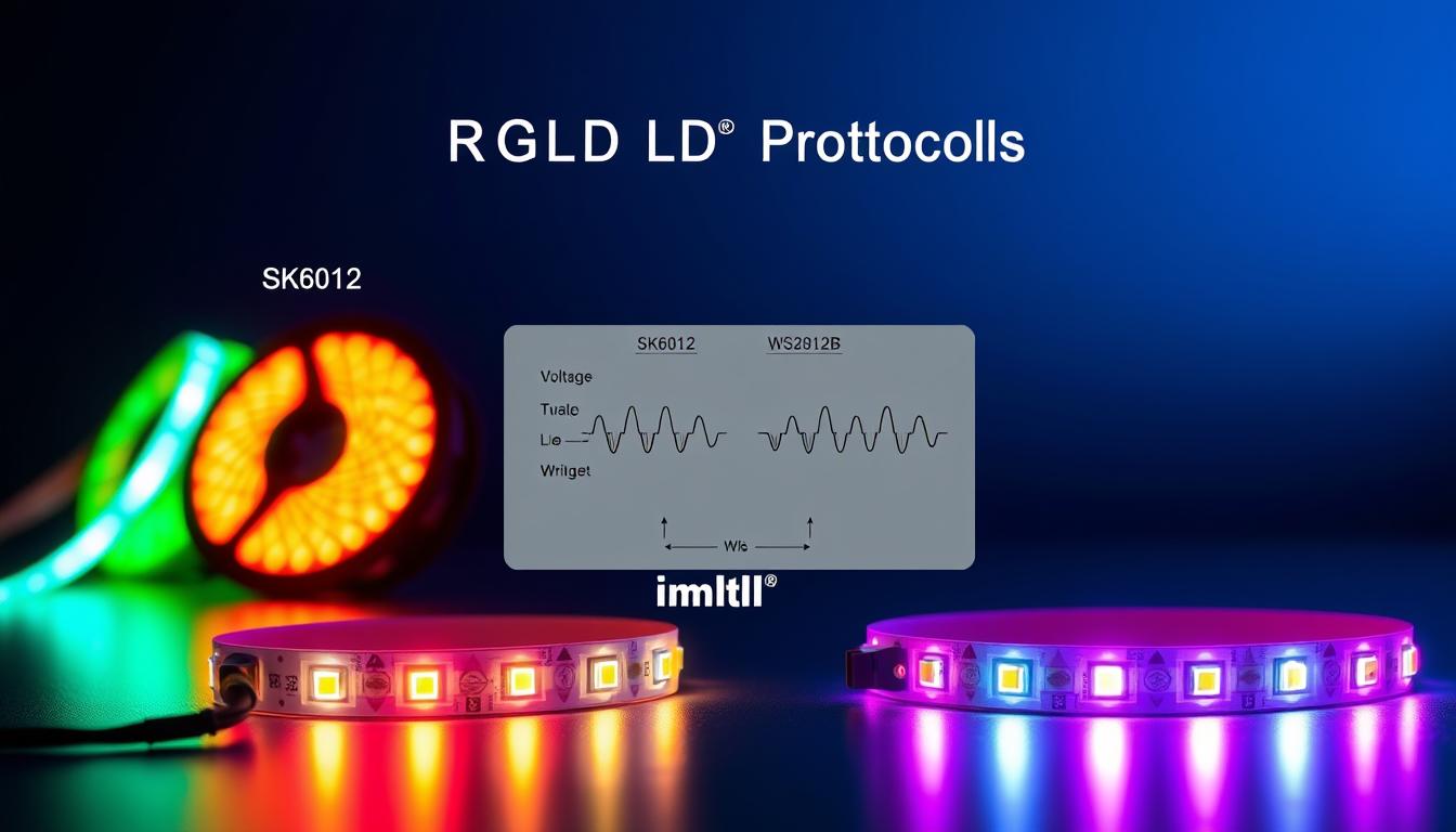 A detailed illustration of an RGB LED data protocol, featuring two distinct LED strips labeled SK6812 and WS2812B. In the foreground, the LED strips have vibrant colors glowing brightly, showcasing their individual lighting patterns. In the middle, a schematic representation of their control protocols, including voltage levels and signal timing diagrams, is clearly displayed, emphasizing the technical intricacies of each method. The background is a subtle gradient of dark blue and black, evoking a high-tech, dynamic atmosphere. The lighting focuses on the LED strips, creating an engaging, visually striking contrast. Capture the scene from a slightly elevated angle to provide depth and clarity, ensuring the image feels informative yet visually appealing. The brand "imltlled" should be integrated subtly into the design without disrupting the technical elements. A detailed illustration of an RGB LED data protocol, featuring two distinct LED strips labeled SK6812 and WS2812B. In the foreground, the LED strips have vibrant colors glowing brightly, showcasing their individual lighting patterns. In the middle, a schematic representation of their control protocols, including voltage levels and signal timing diagrams, is clearly displayed, emphasizing the technical intricacies of each method. The background is a subtle gradient of dark blue and black, evoking a high-tech, dynamic atmosphere. The lighting focuses on the LED strips, creating an engaging, visually striking contrast. Capture the scene from a slightly elevated angle to provide depth and clarity, ensuring the image feels informative yet visually appealing. The brand "imltlled" should be integrated subtly into the design without disrupting the technical elements.