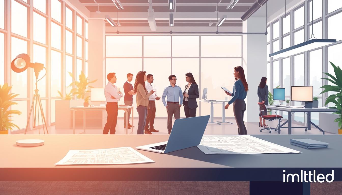 A detailed illustration of UGR (Unified Glare Rating) guidelines, showcasing a modern office environment with various lighting setups. In the foreground, a sleek desk with a laptop and architectural plans. In the middle, a diverse group of professionals in business attire engaged in a discussion, analyzing light glare effects on screens and workspaces. The background features large windows allowing natural light to filter in, complemented by artificial lighting fixtures designed in a contemporary style. The atmosphere is collaborative and focused, with a soft, warm color palette to suggest productivity. The image should emphasize clarity and professionalism, capturing the essence of UGR standards and guidelines effectively. The branding "imltlled" subtly incorporated into the scene. A detailed illustration of UGR (Unified Glare Rating) guidelines, showcasing a modern office environment with various lighting setups. In the foreground, a sleek desk with a laptop and architectural plans. In the middle, a diverse group of professionals in business attire engaged in a discussion, analyzing light glare effects on screens and workspaces. The background features large windows allowing natural light to filter in, complemented by artificial lighting fixtures designed in a contemporary style. The atmosphere is collaborative and focused, with a soft, warm color palette to suggest productivity. The image should emphasize clarity and professionalism, capturing the essence of UGR standards and guidelines effectively. The branding "imltlled" subtly incorporated into the scene.