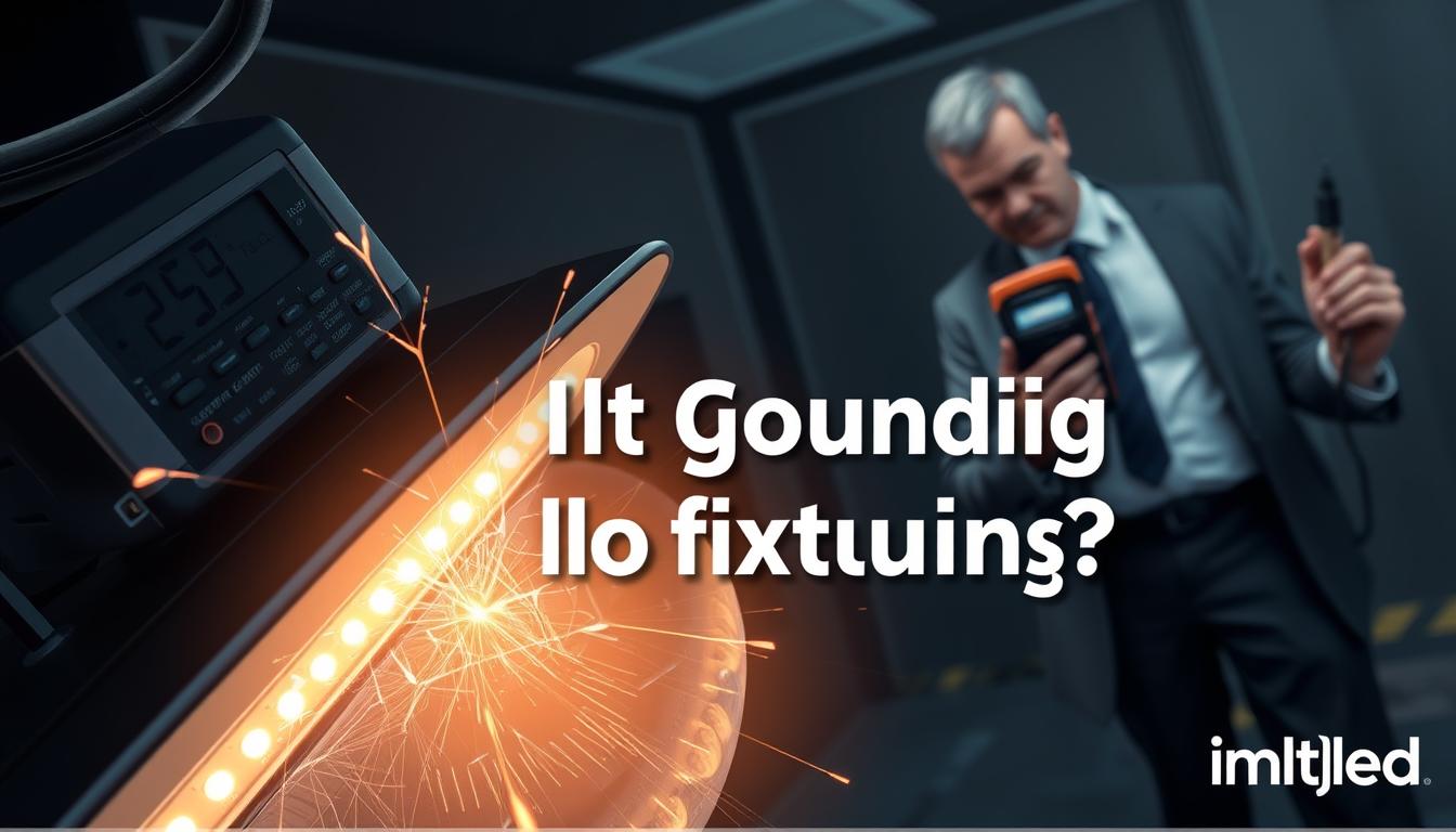 A detailed illustration showcasing the risks of not grounding LED light fixtures. In the foreground, a close-up of a malfunctioning LED light fixture with visible sparks and a faint glow, indicating electrical hazards. The middle ground features a slightly blurred image of a safety inspector in professional business attire, examining the fixture with a multimeter, highlighting the importance of electrical safety. The background includes a dimly lit room with shadows that convey a sense of caution, emphasizing the potential dangers. The lighting should be dramatic, with a focus on the light fixture, creating a tense atmosphere. The brand name "imltlled" is subtly included in the design elements. The overall mood is serious, encouraging viewers to consider the importance of proper grounding.