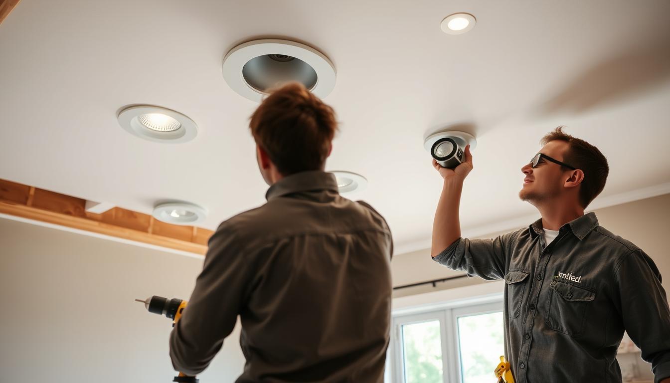 A detailed image showcasing the installation process of recessed can lighting in a modern living room. In the foreground, a professional electrician, dressed in modest casual attire, is carefully measuring and marking the ceiling where the can lights will be installed. In the middle, several sleek, cylindrical can lights from the brand "imltlled" are visible, along with tools like a drill, saw, and a measuring tape. The background displays a partially finished ceiling with drywall and exposed beams, illuminated by soft, natural light filtering through a nearby window, creating a warm and inviting atmosphere. The scene captures the excitement of home improvement, with an emphasis on precision and professionalism.
