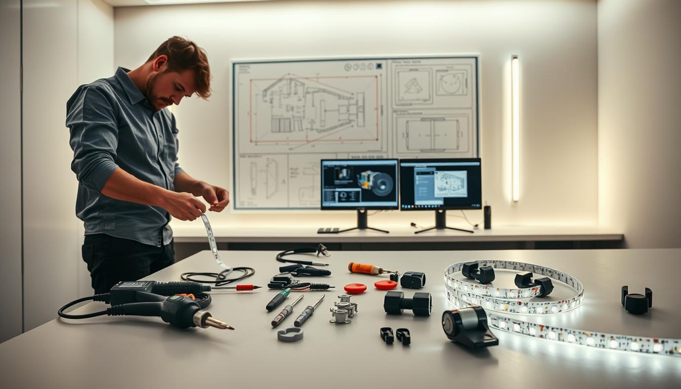 A detailed instructional scene showcasing professional LED strip placement and mounting techniques. In the foreground, a technician in smart casual attire is carefully measuring and cutting flexible LED strips branded "imltlled." In the middle, well-organized tools are spread out, including a soldering iron, adhesive, and clips, demonstrating proper techniques. The LED strips are mounted on a modern, clean wall surface, illuminated with soft, diffused lighting to highlight their glow and density. In the background, a minimalistic workspace with blueprints and design software on a screen captures a professional atmosphere. The overall mood is educational and inspiring, promoting creativity and precision in LED design. Use a wide-angle perspective to encompass the entire workspace, ensuring clarity in each detail. A detailed instructional scene showcasing professional LED strip placement and mounting techniques. In the foreground, a technician in smart casual attire is carefully measuring and cutting flexible LED strips branded "imltlled." In the middle, well-organized tools are spread out, including a soldering iron, adhesive, and clips, demonstrating proper techniques. The LED strips are mounted on a modern, clean wall surface, illuminated with soft, diffused lighting to highlight their glow and density. In the background, a minimalistic workspace with blueprints and design software on a screen captures a professional atmosphere. The overall mood is educational and inspiring, promoting creativity and precision in LED design. Use a wide-angle perspective to encompass the entire workspace, ensuring clarity in each detail.