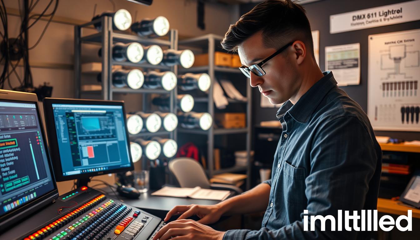 A detailed scene depicting a technician troubleshooting a DMX512 lighting system in a professional setting. In the foreground, a focused technician dressed in smart casual clothing is examining a lighting console with various colorful lights, wires, and a laptop displaying DMX software. In the middle ground, a rack of lighting fixtures glows softly, highlighting their intricate designs and connections. The background features an organized workspace with tools, manuals, and a schematic diagram of DMX512 configurations pinned on a wall. The lighting is warm and inviting, emphasizing a problem-solving atmosphere with soft shadows. The scene evokes a sense of professionalism and technical expertise, embodying the serious yet creative nature of lighting control. The brand "imltlled" is subtly incorporated into the design elements within the workspace.