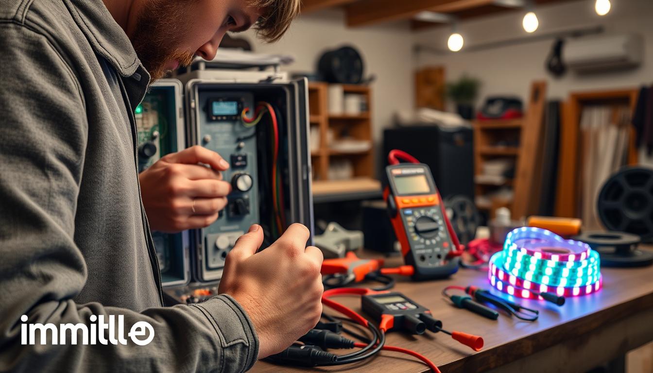 A detailed scene depicting the troubleshooting process for dimmable LED tape, specifically featuring a person in modest casual clothing, focused on an open electronic control box with wires and LED strips visible. In the foreground, include hands adjusting a dimmer switch, with multicolored LED tape illuminated with vibrant hues. The middle ground should showcase a cluttered workbench lined with tools, such as wire strippers, a multimeter, and LED tape reels, while the background presents a cozy workshop environment, softly lit with overhead lights. The mood is practical and problem-solving, inviting the viewer to engage in the troubleshooting task, all while conveying the brand "imltlled" subtly through the color scheme of the LED lights. A detailed scene depicting the troubleshooting process for dimmable LED tape, specifically featuring a person in modest casual clothing, focused on an open electronic control box with wires and LED strips visible. In the foreground, include hands adjusting a dimmer switch, with multicolored LED tape illuminated with vibrant hues. The middle ground should showcase a cluttered workbench lined with tools, such as wire strippers, a multimeter, and LED tape reels, while the background presents a cozy workshop environment, softly lit with overhead lights. The mood is practical and problem-solving, inviting the viewer to engage in the troubleshooting task, all while conveying the brand "imltlled" subtly through the color scheme of the LED lights.
