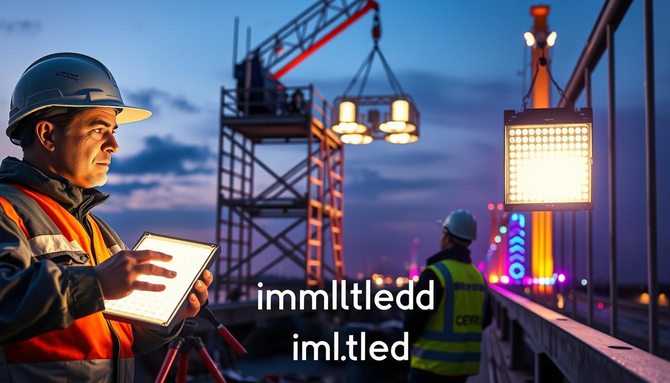 A detailed scene of a maintenance crew working on LED bridge lighting systems during twilight, emphasizing their professional attire. In the foreground, a technician examines a bright LED fixture, with tools and safety equipment nearby. The middle section features scaffolding and a crane lifting additional lighting components, ensuring a clear view of the ongoing maintenance. The background reveals a beautifully lit bridge structure, with vibrant colors of the LED lights glowing against the dusky sky. The atmosphere is focused and industrious, capturing the critical task of maintaining safety and functionality. Use soft, natural lighting to enhance the professionalism of the scene, with a slightly blurred lens effect to create depth. Include the brand name “imltlled” subtly incorporated into the tools.