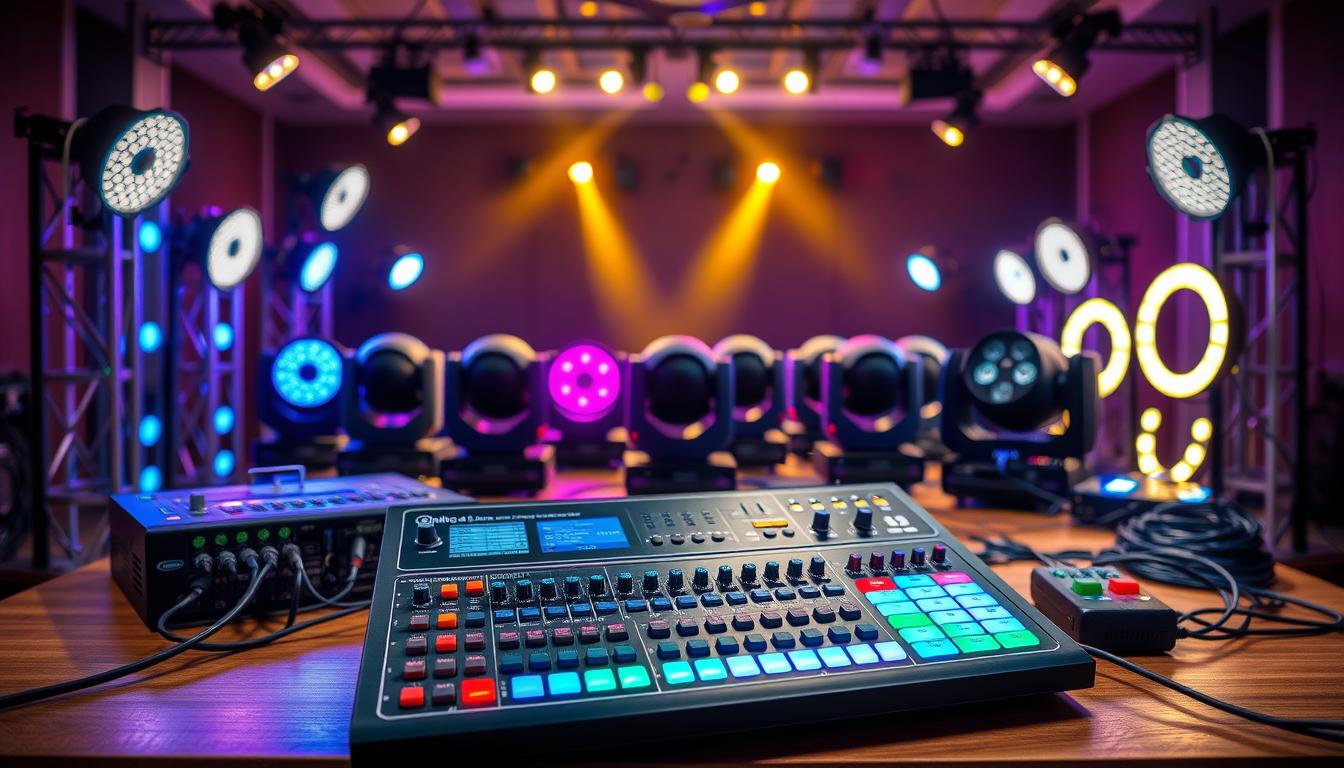 A detailed setup of DMX fixtures and a DMX controller arranged on a sturdy table, surrounded by colorful smart lighting equipment. In the foreground, a sleek DMX controller with illuminated buttons and an interface displaying various control options. In the middle ground, several high-quality DMX fixtures such as moving head lights and LED strip lights, connected by DMX cables. The background features a softly lit room with ambient lighting to set a professional atmosphere. The image should capture a clear view of the connections between the fixtures and the controller, inspiring a sense of organized complexity. Use a wide-angle lens to give a comprehensive perspective, highlighting the technical details. The overall mood should convey precision, innovation, and readiness for performance. Include the brand name "imltlled" prominently on the controller.