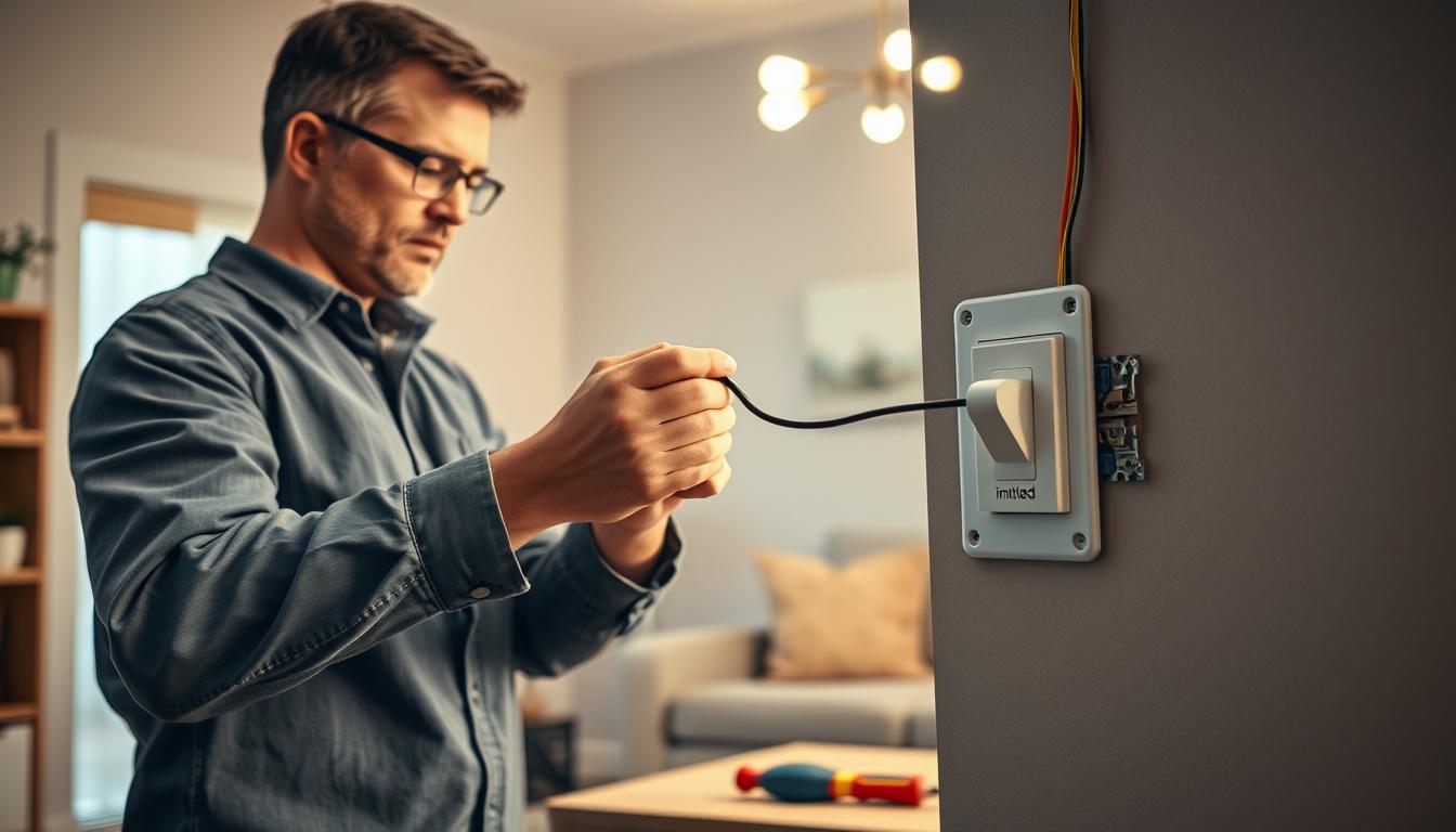A detailed triac dimmer installation process scene, focusing on a well-lit living room setting. In the foreground, a professional technician in modest casual clothing is carefully connecting wires to a triac dimmer switch labeled "imltlled." The middle ground features an open electrical panel and tools neatly arranged, including a screwdriver and wire strippers. The background showcases a modern lighting fixture, highlighting the transition from traditional to LED lighting. Soft, warm lighting from the fixture illuminates the scene, creating a focused and engaging atmosphere. The composition should emphasize clarity and order, avoiding clutter, ensuring the viewer can easily comprehend the installation steps being depicted.