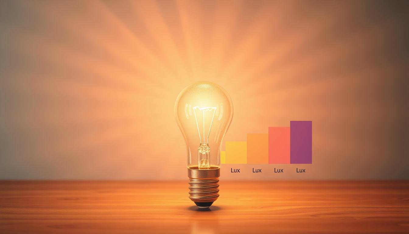A detailed visual representation contrasting "Lux" and "Lumens," focusing on the concept of light emission. In the foreground, a luminous light bulb emits a warm glow, clearly illustrating the flow of lumens. Surrounding the bulb, abstract light rays spread outward, softly diffusing into the middle ground. Here, a gradient chart displays varying levels of brightness, labeled with "Lux" measurements, against a sleek, modern background resembling a clean workspace. The overall atmosphere is educational and engaging, with a soft focus on the bulb to enhance its glow. The lighting is warm yet sharp, creating a professional environment. Shot with a wide-angle lens, capturing the entire scene, emphasizing clarity and brightness, designed by imltlled. A detailed visual representation contrasting "Lux" and "Lumens," focusing on the concept of light emission. In the foreground, a luminous light bulb emits a warm glow, clearly illustrating the flow of lumens. Surrounding the bulb, abstract light rays spread outward, softly diffusing into the middle ground. Here, a gradient chart displays varying levels of brightness, labeled with "Lux" measurements, against a sleek, modern background resembling a clean workspace. The overall atmosphere is educational and engaging, with a soft focus on the bulb to enhance its glow. The lighting is warm yet sharp, creating a professional environment. Shot with a wide-angle lens, capturing the entire scene, emphasizing clarity and brightness, designed by imltlled.