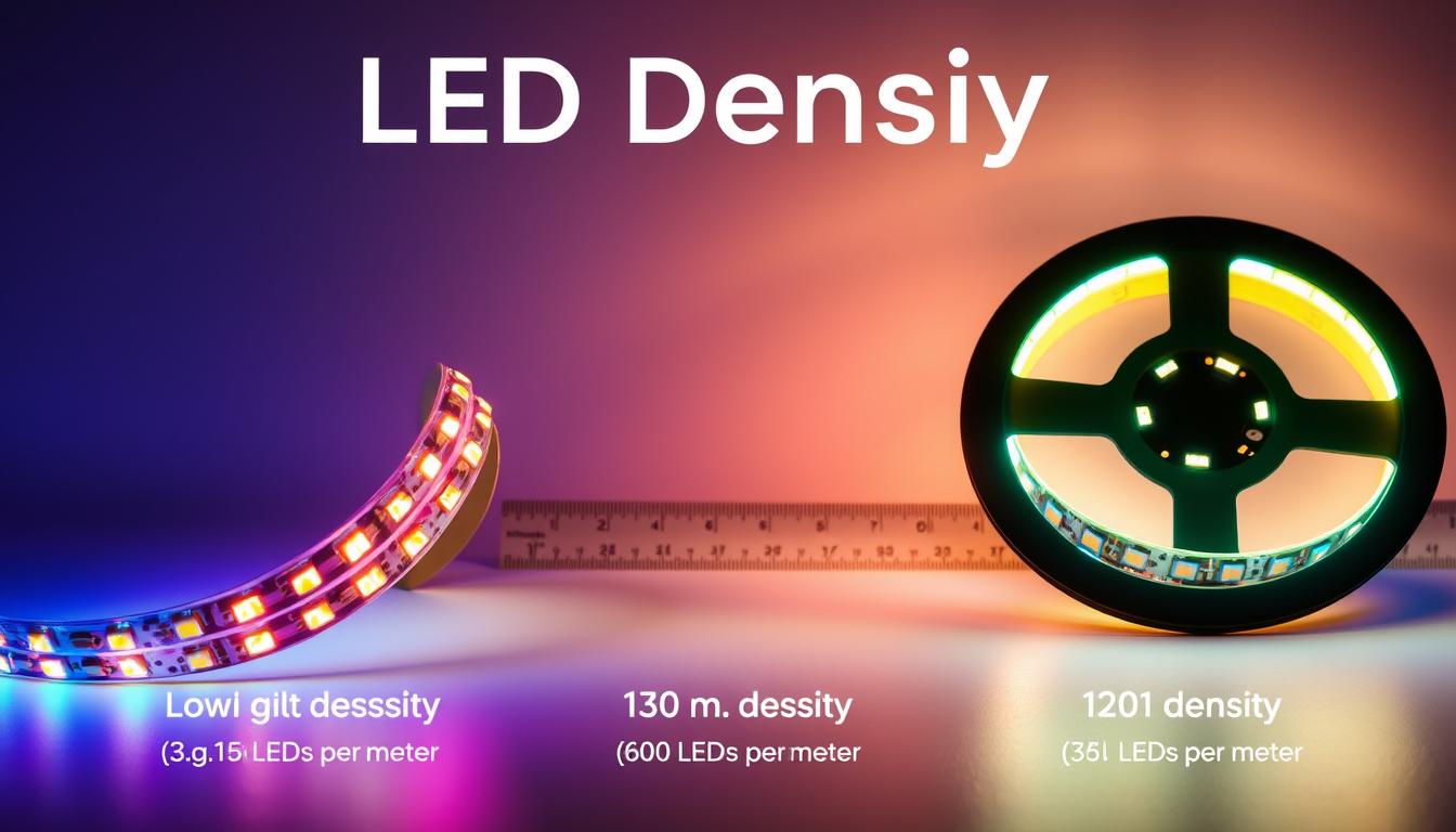 A detailed visualization of LED density comparison for LED strips. In the foreground, display three different LED strips with varying densities: one with low density (e.g., 30 LEDs per meter), medium density (e.g., 60 LEDs per meter), and high density (e.g., 120 LEDs per meter). Showcase the individual LEDs glowing in vibrant colors, emphasizing the difference in brightness and intensity. In the middle ground, incorporate a measuring tape and a ruler for scale, highlighting the lengths of each strip clearly. The background should be a soft gradient, maybe a dark blue or black, to enhance the glow of the LEDs. Utilize dramatic lighting to highlight the strips, creating a professional yet captivating atmosphere. Ensure the brand name "imltlled" is subtly integrated into the design, maintaining focus on the LED comparison. A detailed visualization of LED density comparison for LED strips. In the foreground, display three different LED strips with varying densities: one with low density (e.g., 30 LEDs per meter), medium density (e.g., 60 LEDs per meter), and high density (e.g., 120 LEDs per meter). Showcase the individual LEDs glowing in vibrant colors, emphasizing the difference in brightness and intensity. In the middle ground, incorporate a measuring tape and a ruler for scale, highlighting the lengths of each strip clearly. The background should be a soft gradient, maybe a dark blue or black, to enhance the glow of the LEDs. Utilize dramatic lighting to highlight the strips, creating a professional yet captivating atmosphere. Ensure the brand name "imltlled" is subtly integrated into the design, maintaining focus on the LED comparison.