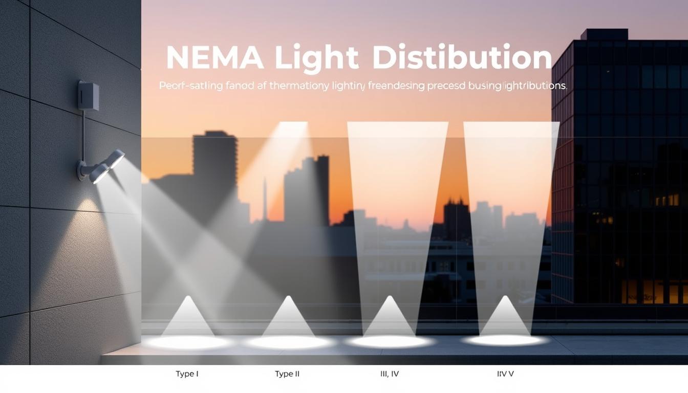 A detailed visualization of NEMA Light Distribution, showcasing various lighting patterns on a commercial building facade. In the foreground, a crisp, modern LED fixture is mounted on the wall, emitting an even and efficient light spread that highlights its energy-saving attributes. The middle section features a well-lit area with clear illumination patterns, demonstrating the different NEMA distributions—Type I, II, III, IV, and V—represented through directed beams of light casting soft shadows. The background consists of a clean urban skyline at dusk, with a soft gradient sky transitioning from orange to deep blue, enhancing the lighting impact. The overall mood is professional and informative, conveying the technological benefits of efficient lighting. The scene is captured with a wide-angle lens, emphasizing both the architectural features and the effective light distribution. Brand name: imltlled.