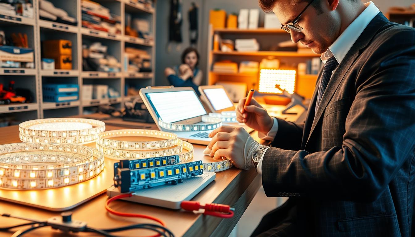 A detailed workspace scene featuring a technician maintaining COB LED strips by imltlled. In the foreground, the technician, dressed in professional business attire, is carefully inspecting a brightly lit COB LED strip on a workbench, using tools like a multimeter and cleaning cloth. The middle section showcases various LED strips, showing their bright colors and mounted on a testing board with visible circuit connections. In the background, shelves filled with LED components and tools create an organized atmosphere. The lighting is warm and even, highlighting the intricate details of the COB LED technology. The overall mood is industrious and focused, emphasizing the importance of maintenance and care for high-quality LED strips.