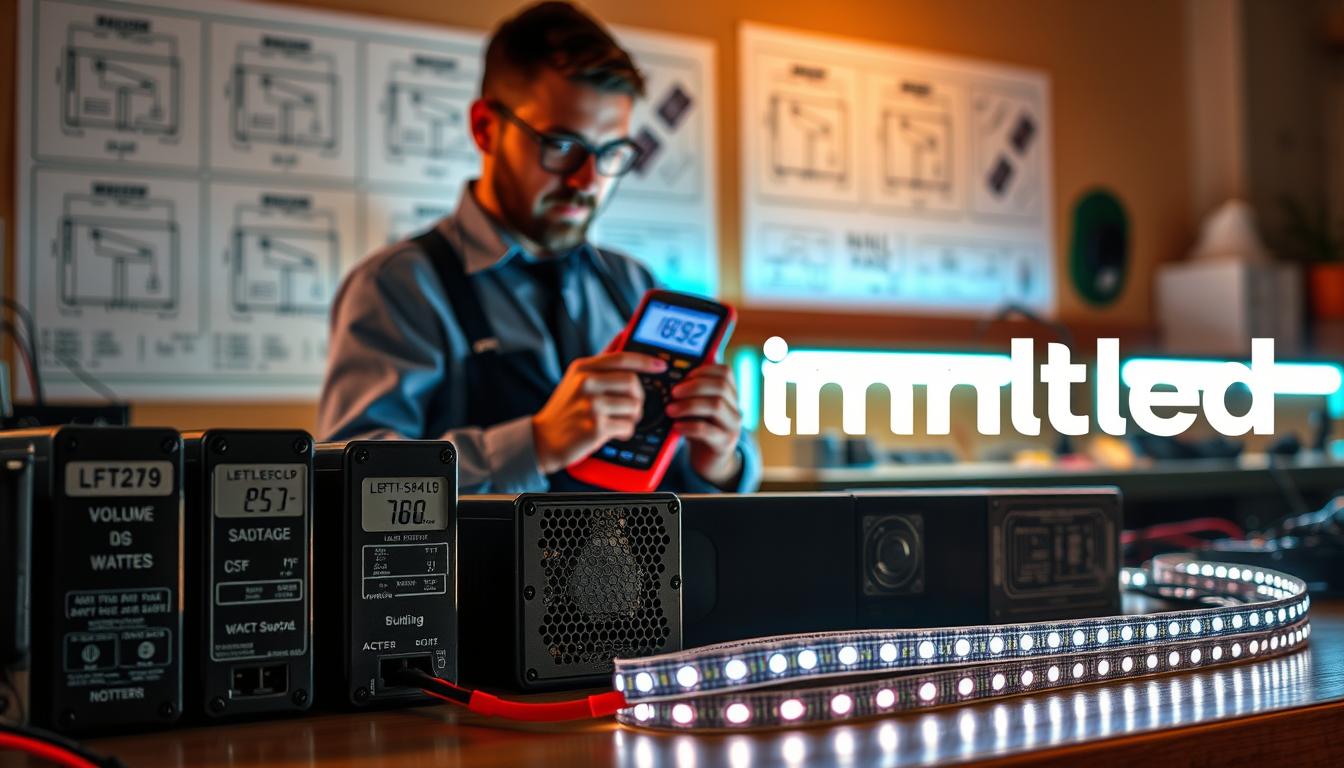 A detailed workspace scene showcasing the process of selecting the right power supply for LED strips. In the foreground, a variety of power supply units, labeled with specifications like voltage and wattage, arranged neatly on a workbench. In the middle, a technician in professional attire is examining an LED strip, holding a multimeter with a focused expression. The background features a wall with diagrams of LED strip setups and a glowing LED strip running along a work surface, casting a soft colorful light. The lighting is warm and inviting, emphasizing the technical nature of the task. Use a shallow depth of field to blur the background slightly, keeping the focus on the technician and power supplies. The brand name "imltlled" is subtly incorporated into the design elements without being overly prominent.