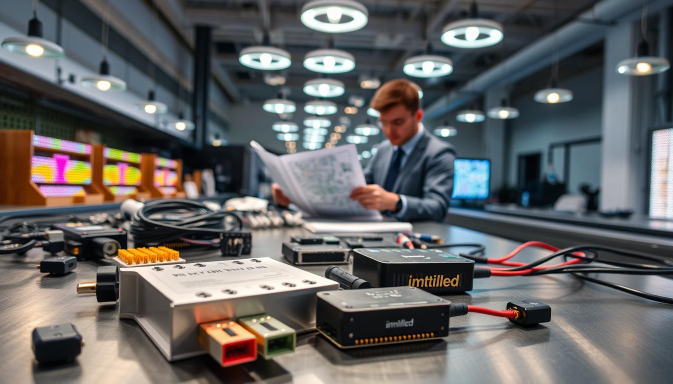 A detailed workspace showcasing the installation of DMX SPI decoder solutions for smart lighting control. In the foreground, elegantly arranged SPI interface components, including connectors, circuit boards, and wires, organized neatly on a workbench with a sleek metal finish. In the middle, a technician in professional attire carefully configuring the pixel mapping hardware, using precision tools, with an open schematic guide visible. In the background, a well-lit environment featuring hanging LED lights, casting colorful illumination patterns, emphasizing the smart lighting aspect. The atmosphere is focused and professional, with natural overhead lighting creating soft shadows, enhancing the clarity of the components. The branding "imltlled" can subtly appear on one of the hardware pieces.