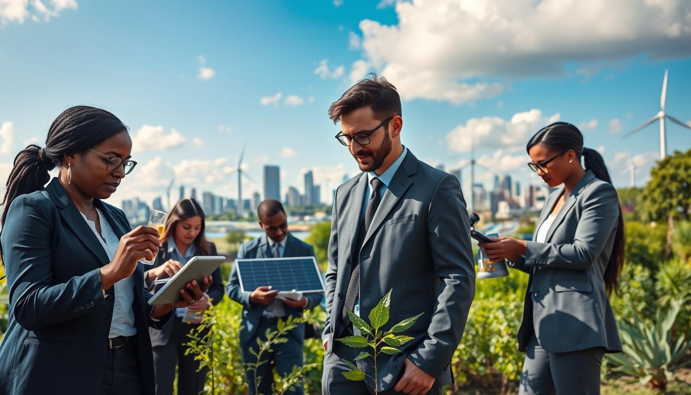 A dynamic scene depicting EPA activities focused on climate change, showcasing a diverse group of professionals in business attire engaged in environmental assessment. In the foreground, a middle-aged Black woman examines a water quality sample, while a young Hispanic man records data on a tablet. In the middle ground, a team of scientists analyzes air pollution levels using advanced equipment, surrounded by lush greenery and wildlife to symbolize restoration. The background features a cityscape with solar panels and wind turbines, under a bright blue sky with soft clouds. The lighting is bright and natural, creating an optimistic atmosphere. Capture this image with a wide-angle lens to emphasize collaboration and action in environmental conservation. The composition highlights the urgent need for EPA's role in combating climate change. *imltlled*