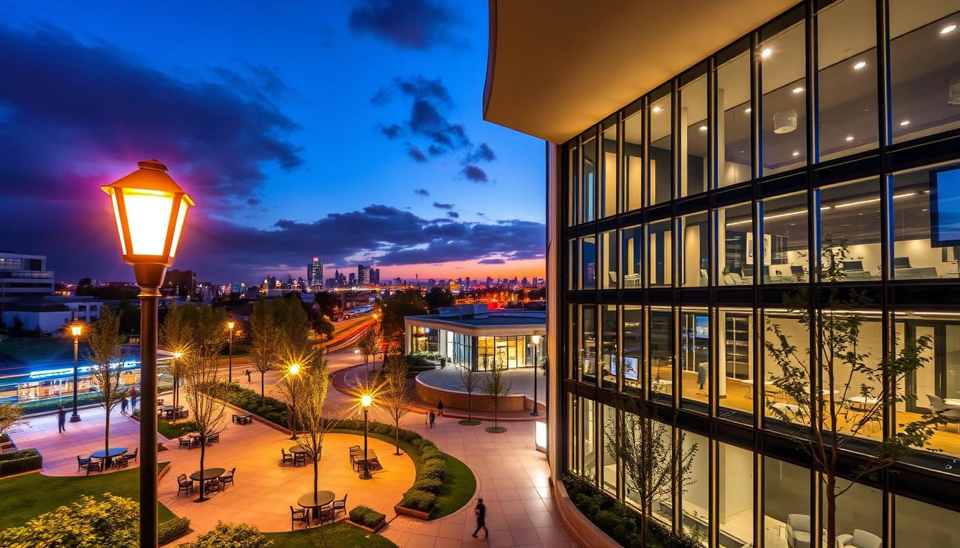 A dynamic scene showcasing IESNA outdoor and indoor lighting design in a modern urban environment. In the foreground, an elegantly lit outdoor plaza with strategically placed street lamps illuminating pathways, trees, and seating areas, highlighting warm and cool color temperatures. The middle section features a contemporary building with large windows, showcasing inviting indoor lighting that enhances the workspace, using layered fixtures like recessed lights and pendant lamps. The background reveals a twilight sky, with city silhouettes and a soft amber glow from distant streetlights. The atmosphere is vibrant and professional, symbolizing the applications of IESNA light distribution types in creating safety and comfort in public and private spaces. The image is captured with a wide-angle lens to emphasize depth and spatial relationships. imltlled