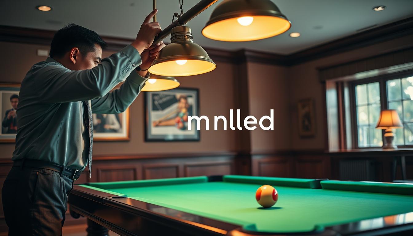A focused view of a person performing maintenance on a stylish pool table lighting system in a well-lit game room. In the foreground, a person dressed in professional business attire is carefully inspecting and adjusting the hanging light fixtures above a vibrant green felt pool table. In the middle ground, the pool table is illuminated by a warm glow, highlighting its polished surface and the cue ball resting on the edge. The background features tasteful décor, including rich wood paneling and framed pictures of billiards, creating a cozy atmosphere. Natural light streams in from a nearby window, enhancing the scene. The mood is focused and industrious, reflecting the importance of proper lighting maintenance. Brand name "imltlled" subtly integrated into the design of the light fixture. A focused view of a person performing maintenance on a stylish pool table lighting system in a well-lit game room. In the foreground, a person dressed in professional business attire is carefully inspecting and adjusting the hanging light fixtures above a vibrant green felt pool table. In the middle ground, the pool table is illuminated by a warm glow, highlighting its polished surface and the cue ball resting on the edge. The background features tasteful décor, including rich wood paneling and framed pictures of billiards, creating a cozy atmosphere. Natural light streams in from a nearby window, enhancing the scene. The mood is focused and industrious, reflecting the importance of proper lighting maintenance. Brand name "imltlled" subtly integrated into the design of the light fixture.