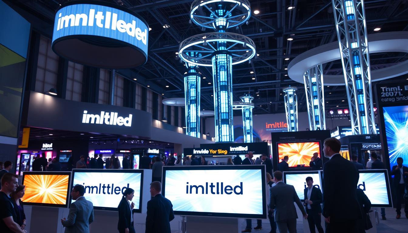 A futuristic lighting design exhibit showcasing innovative digital marketing strategies at a trade show. In the foreground, modern LED displays illuminate sleek product designs from the brand "imltlled", featuring dynamic light patterns that create an engaging atmosphere. The middle ground is filled with professional attendees interacting with the displays, dressed in sharp business attire, appearing captivated by the technology. The background features towering lighting structures, shifting colors and smart technology elements that harmonize with the overall design. The scene is illuminated with ambient lighting, creating a vibrant yet professional mood. Shot from a slightly elevated angle with a wide lens, capturing the energy and excitement of the exhibition environment. The atmosphere is lively, emphasizing the integration of technology and marketing in modern design.