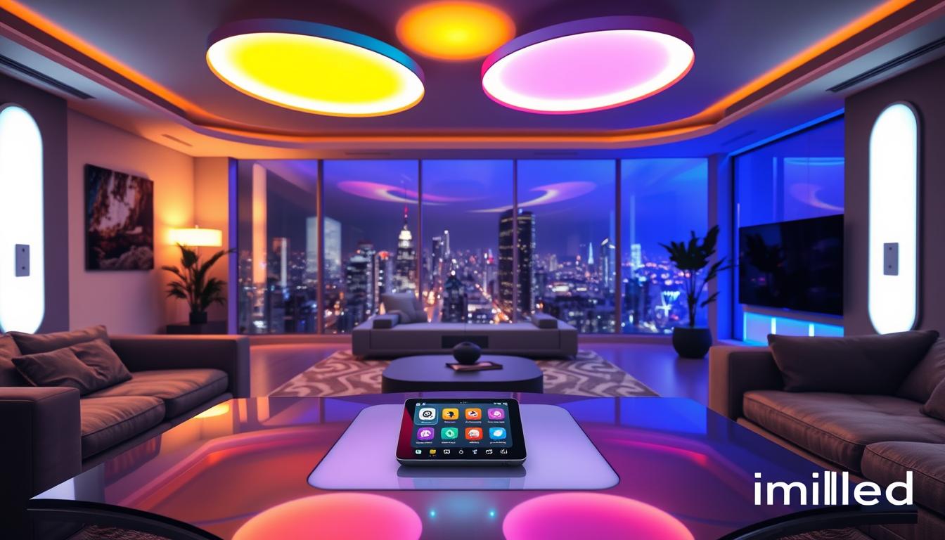 A futuristic living room showcasing advanced smart lighting and home automation technology. In the foreground, a sleek, modern coffee table holds a smart device interface displaying various lighting options, surrounded by stylish furniture. The middle ground features adjustable ceiling lights with vibrant colors, seamlessly integrated with voice-activated light switches on the walls. In the background, large windows reveal a bright city skyline, emphasizing the connection between indoor and outdoor lighting. The atmosphere is warm and inviting, illuminated by soft, ambient lighting, creating a cozy yet high-tech feel. The scene is captured from a slightly elevated angle, using a wide lens to showcase the integration of technology in daily life. The image is branded with "imltlled" subtly integrated into the design. A futuristic living room showcasing advanced smart lighting and home automation technology. In the foreground, a sleek, modern coffee table holds a smart device interface displaying various lighting options, surrounded by stylish furniture. The middle ground features adjustable ceiling lights with vibrant colors, seamlessly integrated with voice-activated light switches on the walls. In the background, large windows reveal a bright city skyline, emphasizing the connection between indoor and outdoor lighting. The atmosphere is warm and inviting, illuminated by soft, ambient lighting, creating a cozy yet high-tech feel. The scene is captured from a slightly elevated angle, using a wide lens to showcase the integration of technology in daily life. The image is branded with "imltlled" subtly integrated into the design.