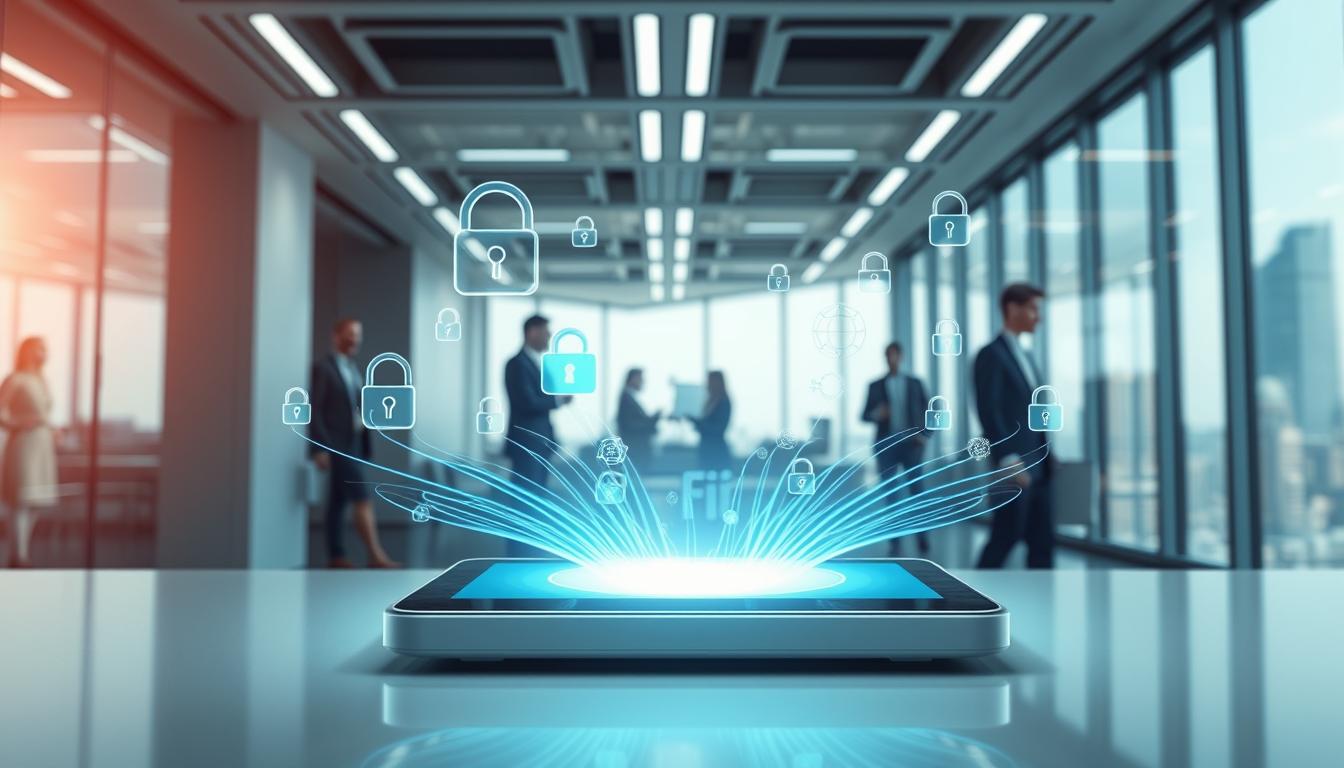 A futuristic office environment showcasing "LiFi secure connectivity". In the foreground, a sleek, transparent tablet displays light waves emanating from a LiFi router, surrounded by holographic security icons like locks and shields, emphasizing data protection. The middle ground features a modern office with professionals in business attire engaged in discussions, illuminated by soft, ambient light from overhead LED panels that resemble sunlight. The background reveals large windows overlooking a city skyline, hinting at a bright, innovative future. The atmosphere is vibrant yet calm, conveying trust, efficiency, and technological advancement. Use a wide-angle lens for depth, focusing on the interaction between light and technology. Include the brand name "imltlled" subtly integrated into the tablet design while maintaining a clean composition, free of any text overlays.