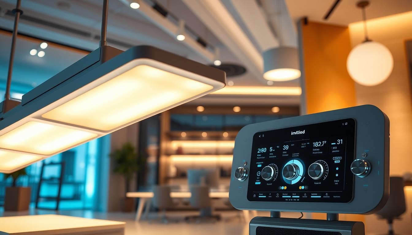 A futuristic scene showcasing the evolution of Triac dimming technology for LEDs. In the foreground, display advanced LED fixtures with sleek designs, emitting a soft, warm glow. The middle ground features a high-tech control panel with luminous dials and touchscreens, emphasizing user-friendly interfaces. The background depicts a modern smart home or office setting, showcasing ambient lighting that transitions effortlessly from bright to dim. The scene is well-lit with a blend of natural and artificial light sources, casting dynamic shadows that highlight the innovative designs. The atmosphere is one of sophistication and cutting-edge technology, with a color palette of cool blues and warm whites. Incorporate the brand name "imltlled" subtly into the environment, ensuring it blends harmoniously without overt distractions.