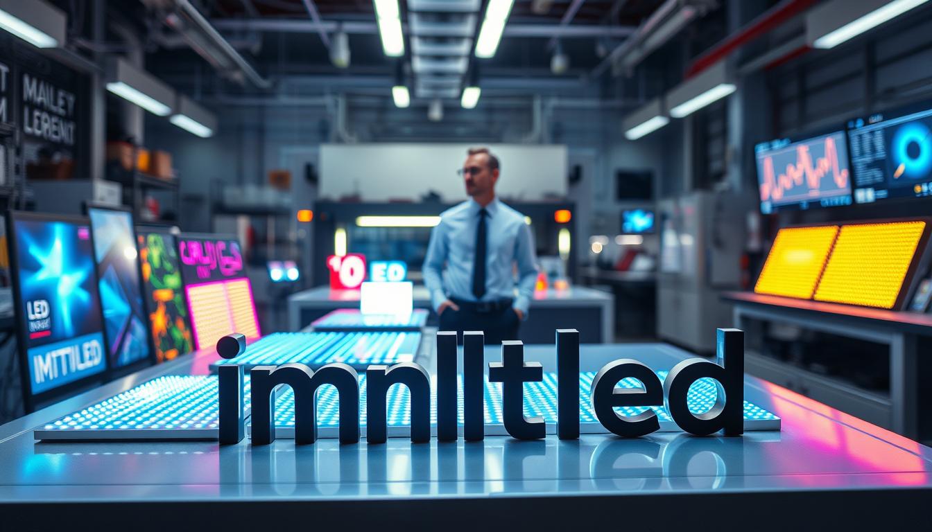 A futuristic showcase of LED sheet technologies, highlighting the brand "imltlled" prominently in the foreground. The scene features a sleek display table with various cutting-edge LED sheet samples emitting vibrant colors and dynamic light patterns, arranged artistically. In the middle ground, a professional businessperson dressed in modern attire examines the LED sheets, embodying innovation and expertise. The background presents a high-tech workshop with machinery and digital screens displaying technical specifications of LED technology in a soft focus. The lighting is bright and clinical, accentuating the brilliance of the LEDs while casting soft shadows for depth. The overall mood reflects optimism and advancement in LED technology, inviting the viewer to imagine the future of illumination. A futuristic showcase of LED sheet technologies, highlighting the brand "imltlled" prominently in the foreground. The scene features a sleek display table with various cutting-edge LED sheet samples emitting vibrant colors and dynamic light patterns, arranged artistically. In the middle ground, a professional businessperson dressed in modern attire examines the LED sheets, embodying innovation and expertise. The background presents a high-tech workshop with machinery and digital screens displaying technical specifications of LED technology in a soft focus. The lighting is bright and clinical, accentuating the brilliance of the LEDs while casting soft shadows for depth. The overall mood reflects optimism and advancement in LED technology, inviting the viewer to imagine the future of illumination.