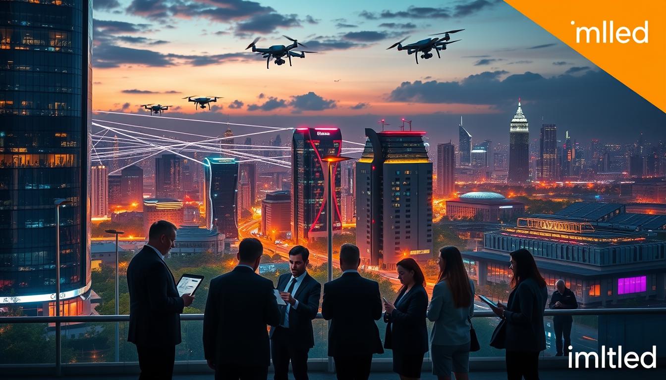 A futuristic smart city at dusk showcasing the implementation of LiFi technology. In the foreground, a diverse group of professionals dressed in smart business attire are discussing data on tablets, illuminated by colorful LED streetlights. The middle ground features a network of glowing LiFi luminaries casting soft light, connecting buildings with beams of light, symbolizing high-speed data transmission. Skyscrapers with large glass facades reflect the vibrant city lights, creating a dynamic atmosphere. In the background, a skyline dotted with greenery and solar panels illustrates sustainability, while drones hover above for delivery, emphasizing technological integration. The scene is lit with a mix of warm and cool tones, conveying innovation and optimism for the future. The image is branded subtly with "imltlled" at the corner.