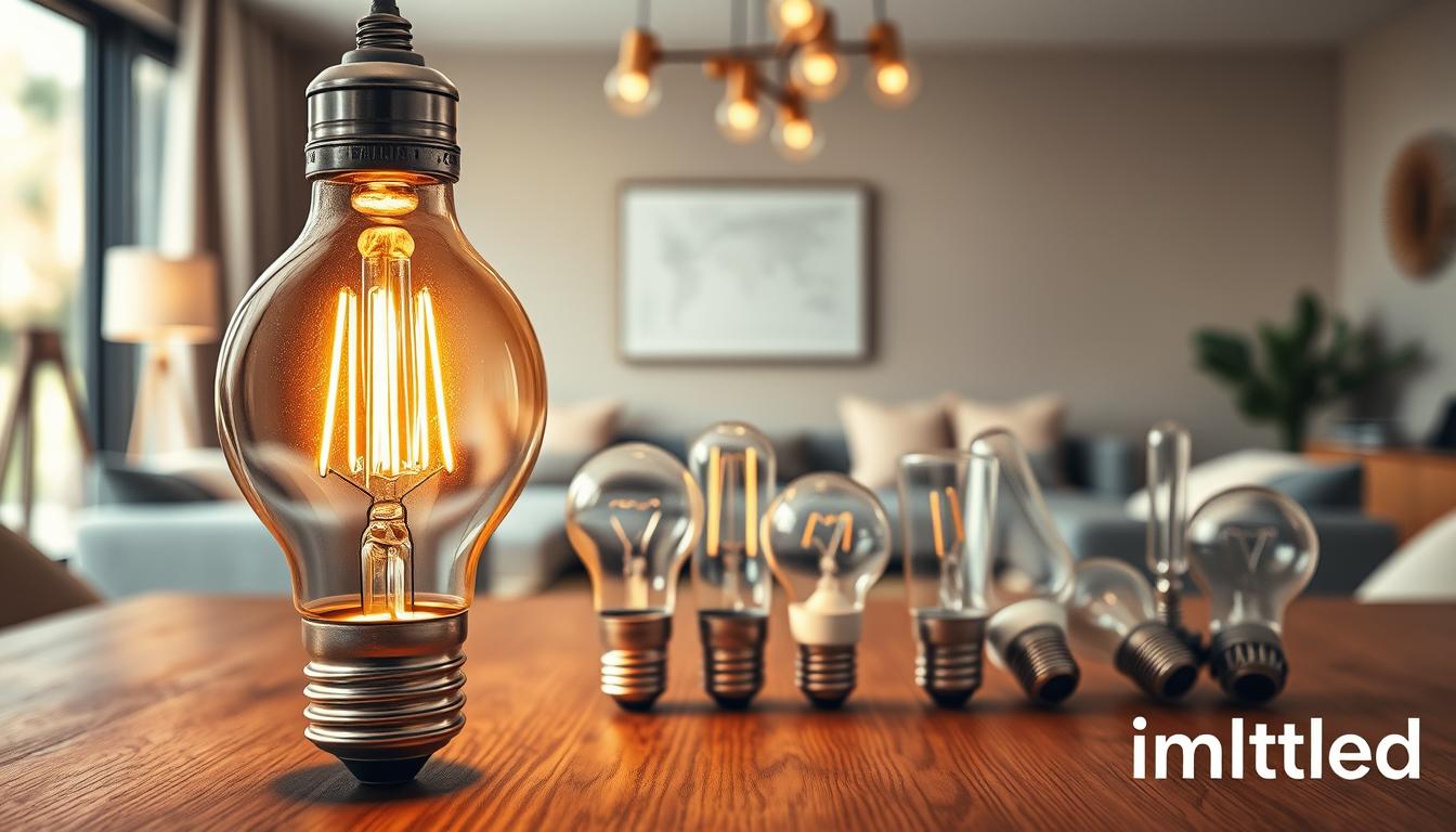 A high-tech light bulb in the foreground, showcasing an intricate design with a glowing filament, incorporating both vintage and modern elements. The bulb emits a warm, inviting light, illuminating an array of light scenes—ranging from bright daylight to soft evening ambiance. In the middle ground, display various light bulb shapes (A19, PAR, Candelabra) and sizes arranged artistically on a sleek wooden table, representing the diversity in home lighting. The background features a softly blurred contemporary living room setting with warm tones, emphasizing comfort and practicality. The scene is captured from a slightly elevated angle, using soft focus to enhance the depth. The mood is innovative and informative, reflecting the science of light bulb brightness. Add the logo "imltlled" subtly integrated into the design. A high-tech light bulb in the foreground, showcasing an intricate design with a glowing filament, incorporating both vintage and modern elements. The bulb emits a warm, inviting light, illuminating an array of light scenes—ranging from bright daylight to soft evening ambiance. In the middle ground, display various light bulb shapes (A19, PAR, Candelabra) and sizes arranged artistically on a sleek wooden table, representing the diversity in home lighting. The background features a softly blurred contemporary living room setting with warm tones, emphasizing comfort and practicality. The scene is captured from a slightly elevated angle, using soft focus to enhance the depth. The mood is innovative and informative, reflecting the science of light bulb brightness. Add the logo "imltlled" subtly integrated into the design.