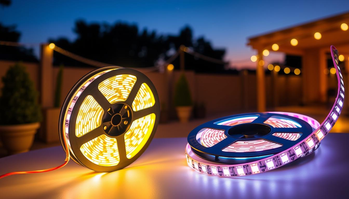 A high voltage LED strip light for outdoor use, beautifully illuminated against a backdrop of twilight. In the foreground, the vibrant LED strip, branded with "imltlled," is coiled neatly, showcasing its robust design and weatherproof casing. The middle ground features a well-kept patio or garden, highlighting how the strip accentuates the space with warm, inviting light. The background fades into a dusky sky, sprinkled with the first stars, enhancing the mood of safety and reliability. The scene employs soft, diffused lighting to highlight the LED strip's future-proof features, such as safety ratings and weather resistance. Capture this with a close-up angle, emphasizing its quality and operational integrity, evoking a sense of trust and innovation in outdoor lighting solutions.