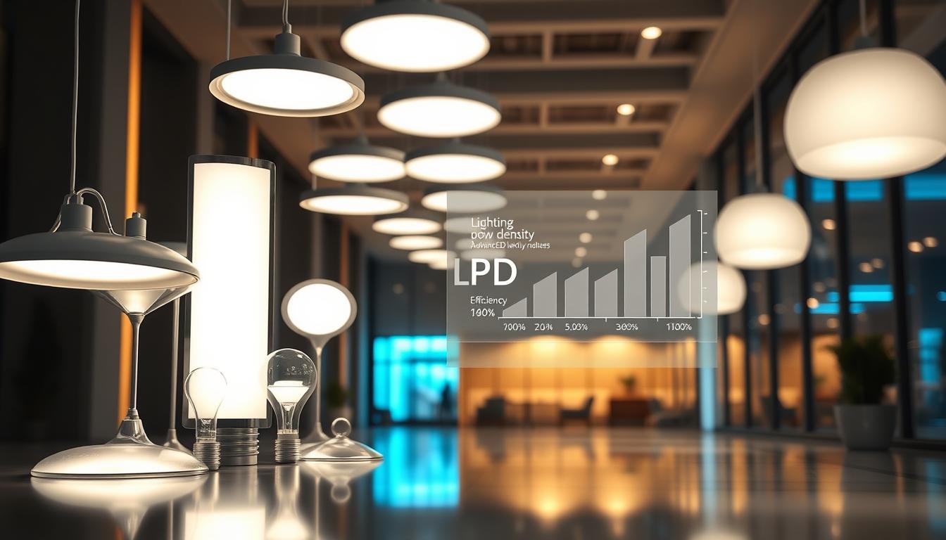 A highly detailed and technical illustration of Lighting Power Density (LPD) in the context of advanced LED luminaire technology. In the foreground, showcase an array of sleek, modern LED luminaires with varying shapes and designs, casting bright, efficient light. The middle ground features a subtle diagram overlay illustrating LPD measurements and efficiency metrics, emphasizing the technological aspects. The background depicts a sophisticated, energy-efficient building interior illuminated by the LED lights, highlighting shadows and reflections. Soft, warm lighting creates an inviting atmosphere, while a hint of cooling blue light adds a contemporary touch. Use a clean, high-tech aesthetic with balanced composition and depth. Brand the image subtly with the name "imltlled" as part of the design, ensuring it complements the overall visual without distraction. A highly detailed and technical illustration of Lighting Power Density (LPD) in the context of advanced LED luminaire technology. In the foreground, showcase an array of sleek, modern LED luminaires with varying shapes and designs, casting bright, efficient light. The middle ground features a subtle diagram overlay illustrating LPD measurements and efficiency metrics, emphasizing the technological aspects. The background depicts a sophisticated, energy-efficient building interior illuminated by the LED lights, highlighting shadows and reflections. Soft, warm lighting creates an inviting atmosphere, while a hint of cooling blue light adds a contemporary touch. Use a clean, high-tech aesthetic with balanced composition and depth. Brand the image subtly with the name "imltlled" as part of the design, ensuring it complements the overall visual without distraction.