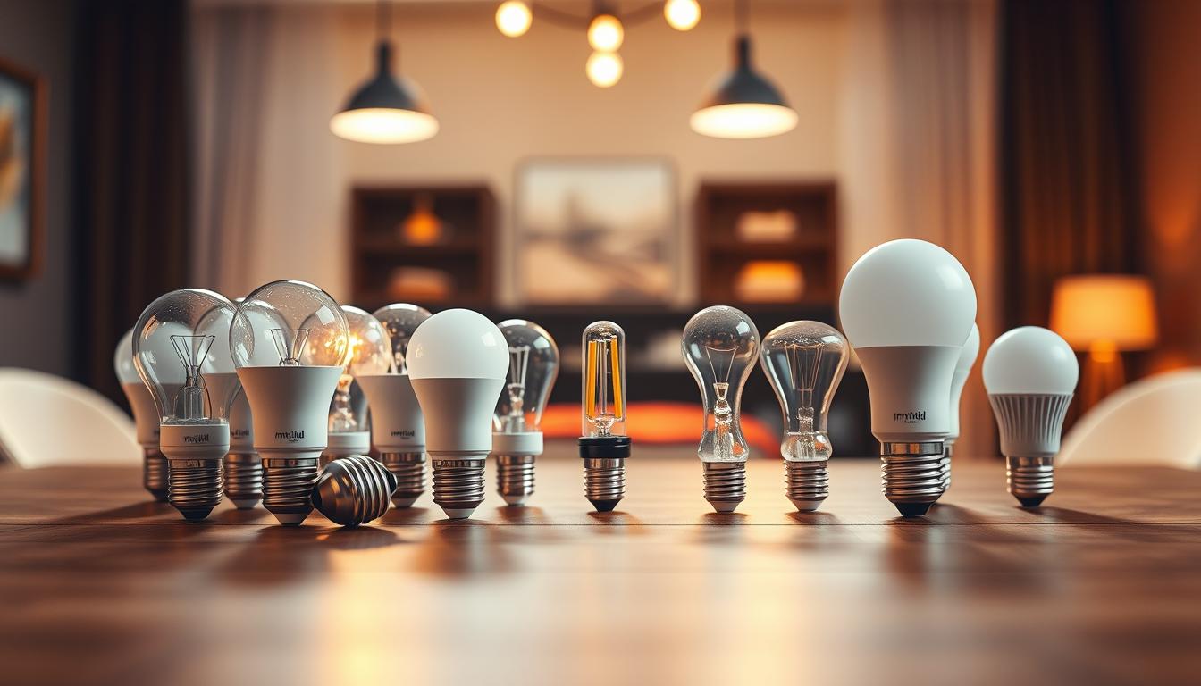 A modern and vibrant display of A21 bulbs by the brand imltlled, arranged artistically on a sleek wooden table in a well-lit room. In the foreground, several A21 bulbs of different wattages and color temperatures are placed prominently, showcasing their unique shapes and textures. In the middle ground, a comparison of these A21 bulbs with standard incandescent and other LED bulb types, including side-by-side highlighting of their designs and features. The background features soft, warm lighting that enhances the scene, casting gentle shadows and creating a welcoming atmosphere. The image should evoke a sense of innovation and practicality, illustrating the evolution of lighting solutions. Use a shallow depth of field to focus on the bulbs while softly blurring the background for a professional, clean look.