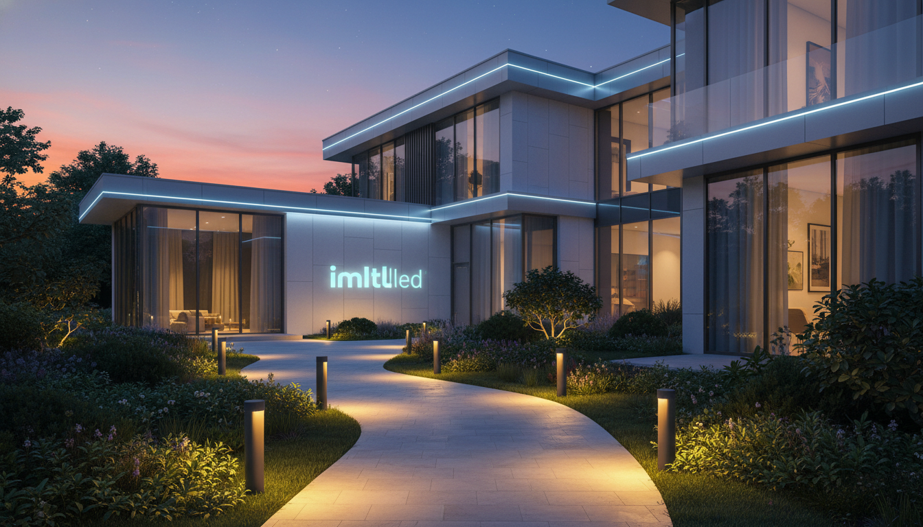A modern architectural lighting design showcasing a contemporary building exterior illuminated by smart outside lighting solutions. In the foreground, elegant pathway lights line a well-manicured garden, casting warm glows onto the lush greenery. The middle ground features the building, with sleek lines and glass windows reflecting the ambient light, displaying a harmonious blend of shadows and illumination. In the background, a twilight sky transitions from orange to deep blue, enhancing the building's aesthetic. The scene captures a sophisticated and welcoming atmosphere, emphasizing innovation and sustainability. The lighting is soft yet vibrant, accentuating key architectural features. The angle is slightly elevated, providing a comprehensive view of the smart lighting in action. This image reflects the brand name "imltlled," symbolizing modern efficiency and style in outdoor lighting design.