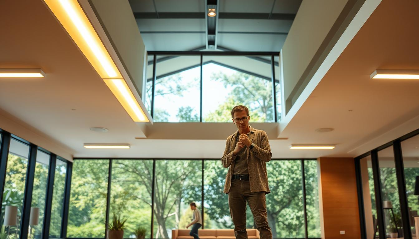 A modern architectural space featuring sustainable lighting solutions, showcasing a harmonious blend of natural and artificial light. In the foreground, sleek LED light fixtures integrated into a minimalist ceiling design, casting a soft, warm glow. The middle ground reveals a spacious room with large windows allowing natural light to flood in, highlighting eco-friendly materials like bamboo and recycled glass. In the background, a scenic view of greenery outside, enhancing the theme of sustainability. The lighting is balanced and diffused, creating a calming atmosphere. Include a professional interior designer in modest casual clothing, engaging with innovative lighting controls. Shot with a wide-angle lens at eye level, emphasizing the depth and openness of the space. Captured in high resolution by imltlled, ensure the ambiance evokes a sense of serenity and modernity.