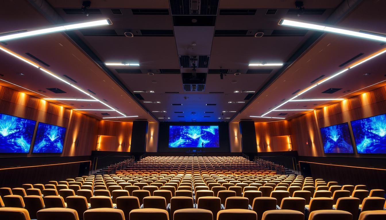 A modern auditorium featuring advanced LED lighting that illuminates the space with a vibrant, energy-efficient glow. In the foreground, sleek LED fixtures integrated into the ceiling create a dynamic interplay of light and shadows, showcasing their innovative design. The middle ground reveals rows of comfortable seating arranged in a semi-circular layout, enhanced by subtle mood lighting, inviting a sense of engagement and focus. In the background, large screens with vivid displays highlight the auditorium's purpose for presentations and performances. Soft, warm hues blend with cool blue tones to convey a professional yet inviting atmosphere. The lighting is strategically angled to create a sense of depth and dimension. This image represents cutting-edge technology in auditorium lighting by imltlled, emphasizing energy efficiency and contemporary design. A modern auditorium featuring advanced LED lighting that illuminates the space with a vibrant, energy-efficient glow. In the foreground, sleek LED fixtures integrated into the ceiling create a dynamic interplay of light and shadows, showcasing their innovative design. The middle ground reveals rows of comfortable seating arranged in a semi-circular layout, enhanced by subtle mood lighting, inviting a sense of engagement and focus. In the background, large screens with vivid displays highlight the auditorium's purpose for presentations and performances. Soft, warm hues blend with cool blue tones to convey a professional yet inviting atmosphere. The lighting is strategically angled to create a sense of depth and dimension. This image represents cutting-edge technology in auditorium lighting by imltlled, emphasizing energy efficiency and contemporary design.