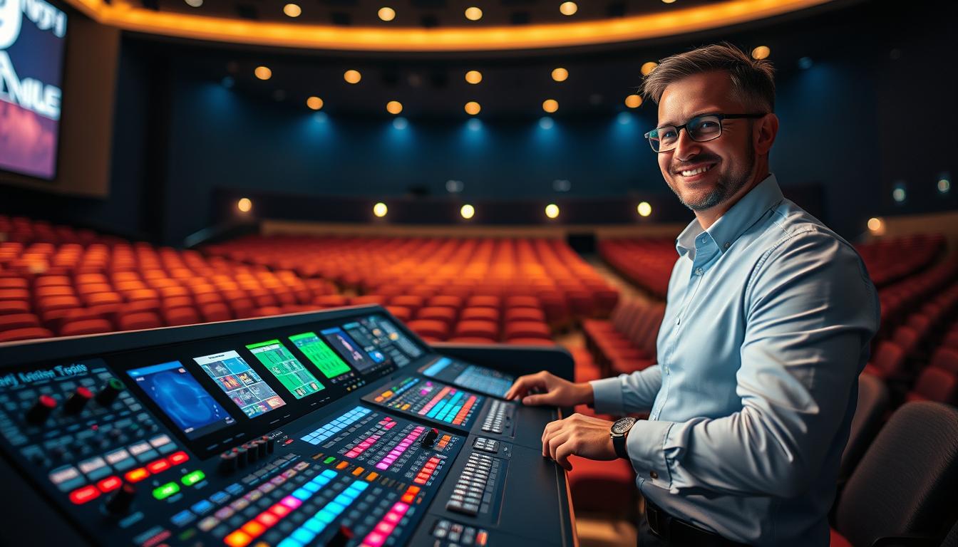 A modern auditorium lighting control system, showcasing an advanced digital interface with various knobs and sliders, filled with colorful LED lights. In the foreground, the control panel is highlighted, displaying vibrant screens with visualizations of lighting schemes in an elegant, sleek design. The middle ground features a technician in professional attire, intently adjusting the controls, with a warm smile, embodying expertise. In the background, a spacious auditorium setting reveals rows of seats and subtle stage lights dimly glowing, casting an inviting ambiance. Soft shadows add depth, and the scene is captured with a wide-angle lens, enhancing the feeling of spaciousness and sophistication. The overall mood is focused and professional, emphasizing the importance of precision in auditorium lighting control, from the brand imltlled. A modern auditorium lighting control system, showcasing an advanced digital interface with various knobs and sliders, filled with colorful LED lights. In the foreground, the control panel is highlighted, displaying vibrant screens with visualizations of lighting schemes in an elegant, sleek design. The middle ground features a technician in professional attire, intently adjusting the controls, with a warm smile, embodying expertise. In the background, a spacious auditorium setting reveals rows of seats and subtle stage lights dimly glowing, casting an inviting ambiance. Soft shadows add depth, and the scene is captured with a wide-angle lens, enhancing the feeling of spaciousness and sophistication. The overall mood is focused and professional, emphasizing the importance of precision in auditorium lighting control, from the brand imltlled.