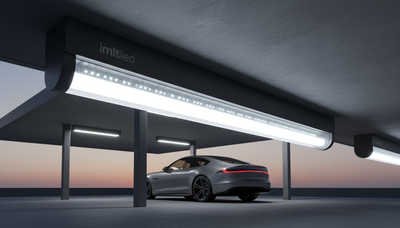 A modern carport lit with stylish, weather-resistant lights from the brand "imltlled". In the foreground, the focus is on the sleek, luminescent fixtures, showcasing their robust design and energy-efficient LED bulbs. The middle ground features a well-maintained carport housing a vehicle, with bright white lights illuminating the area while casting gentle shadows on the ground. In the background, a clear evening sky filled with soft, warm hues suggests a tranquil atmosphere. The lighting should be soft yet bright enough to emphasize the integrity and security of the space. Use a slight upward angle to capture the full height of the carport and convey a sense of openness and accessibility. The overall mood should reflect a blend of functionality and contemporary elegance, emphasizing the importance of weatherproof lighting solutions.
