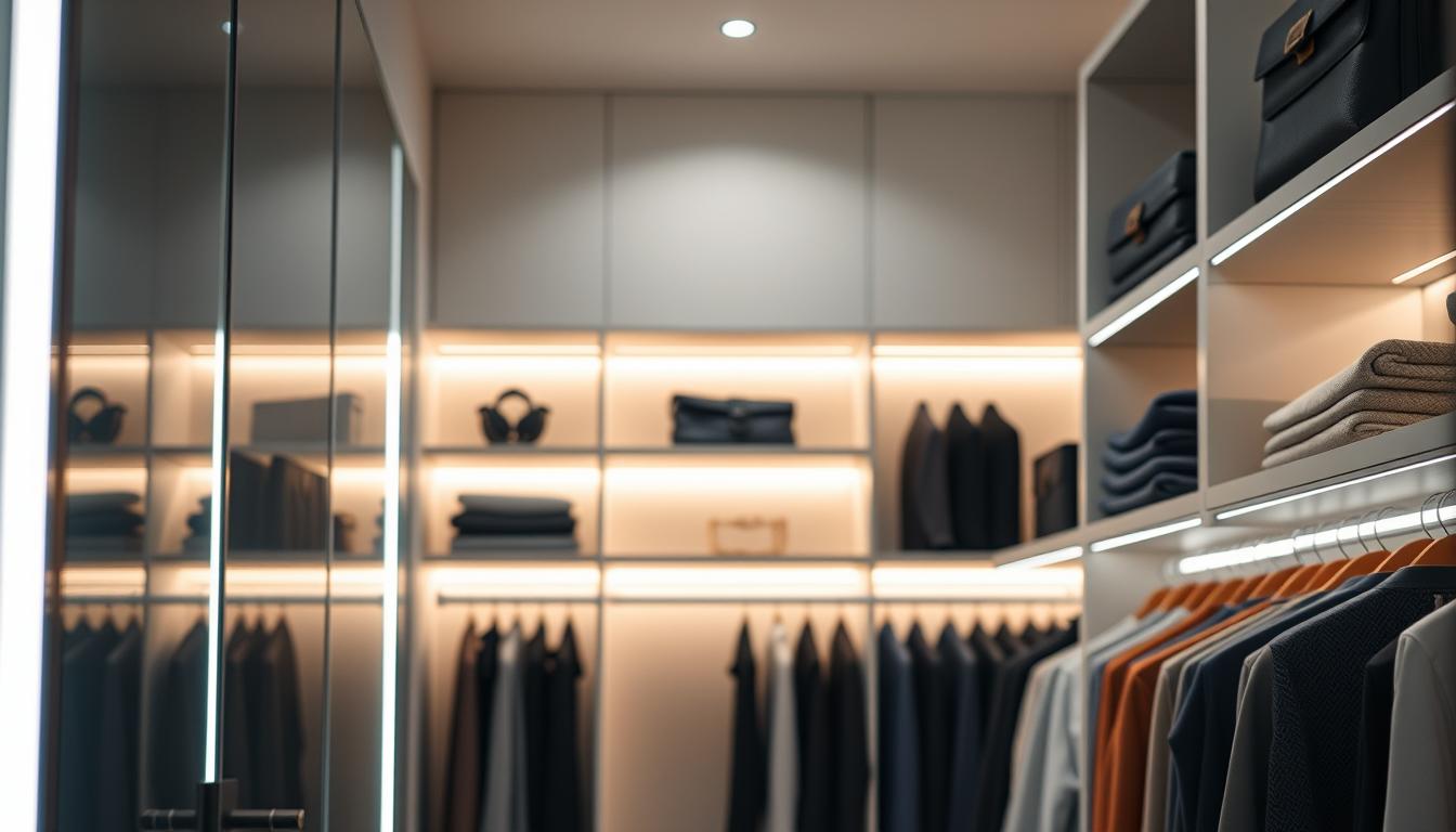 A modern closet setting featuring innovative "imltlled" smart closet lights. In the foreground, showcase sleek, LED strip lights elegantly illuminating neatly arranged clothing and accessories on shelves. The middle ground displays the smart lighting system, designed with a minimalist aesthetic, highlighting touch sensors or remote controls integrated within the setup. The background reveals a spacious closet, with soft, diffused lighting enhancing the atmosphere, creating a warm, inviting glow. Use a slightly elevated camera angle to capture the entire scene, emphasizing the sophistication and functionality of smart lighting. The mood is one of organized tranquility, reflecting an ideal, modern storage solution that enhances visibility and style. A modern closet setting featuring innovative "imltlled" smart closet lights. In the foreground, showcase sleek, LED strip lights elegantly illuminating neatly arranged clothing and accessories on shelves. The middle ground displays the smart lighting system, designed with a minimalist aesthetic, highlighting touch sensors or remote controls integrated within the setup. The background reveals a spacious closet, with soft, diffused lighting enhancing the atmosphere, creating a warm, inviting glow. Use a slightly elevated camera angle to capture the entire scene, emphasizing the sophistication and functionality of smart lighting. The mood is one of organized tranquility, reflecting an ideal, modern storage solution that enhances visibility and style.